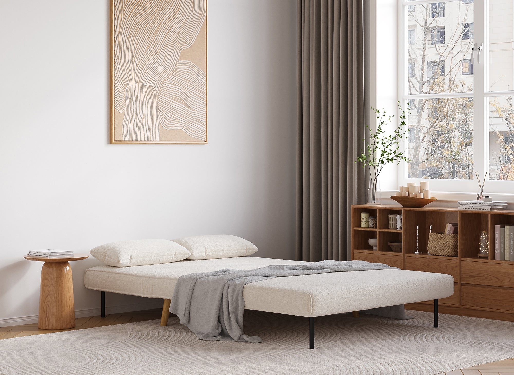 Sofá cama TONKA de 2 plazas en tejido efecto piel de oveja color blanco roto