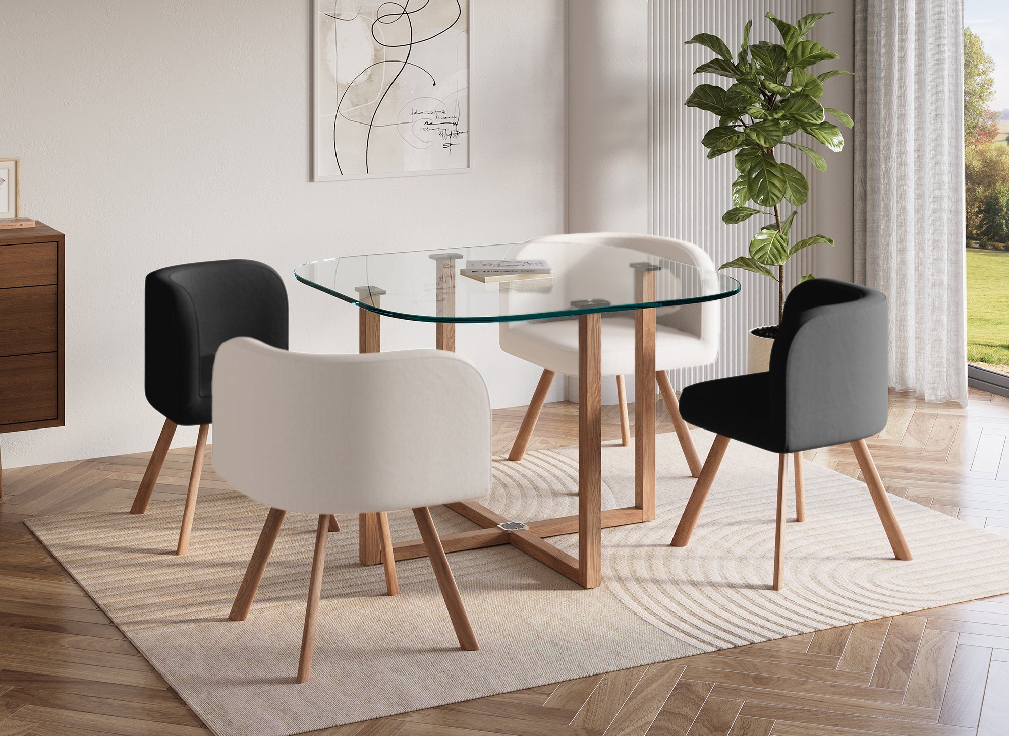 Mesa de comedor de cristal FLEN + 4 sillas blancas y negras