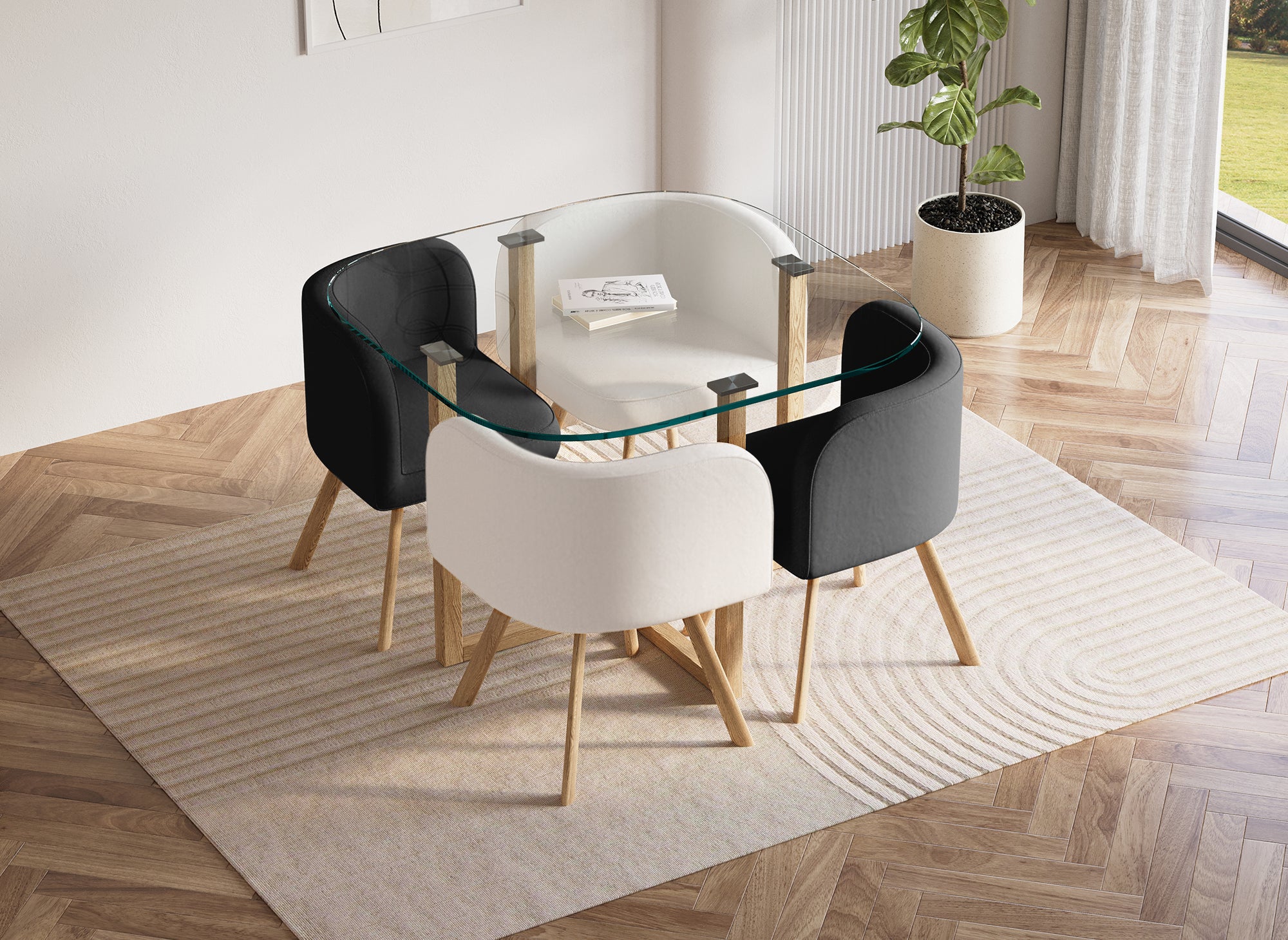 Mesa de comedor de cristal FLEN + 4 sillas blancas y negras