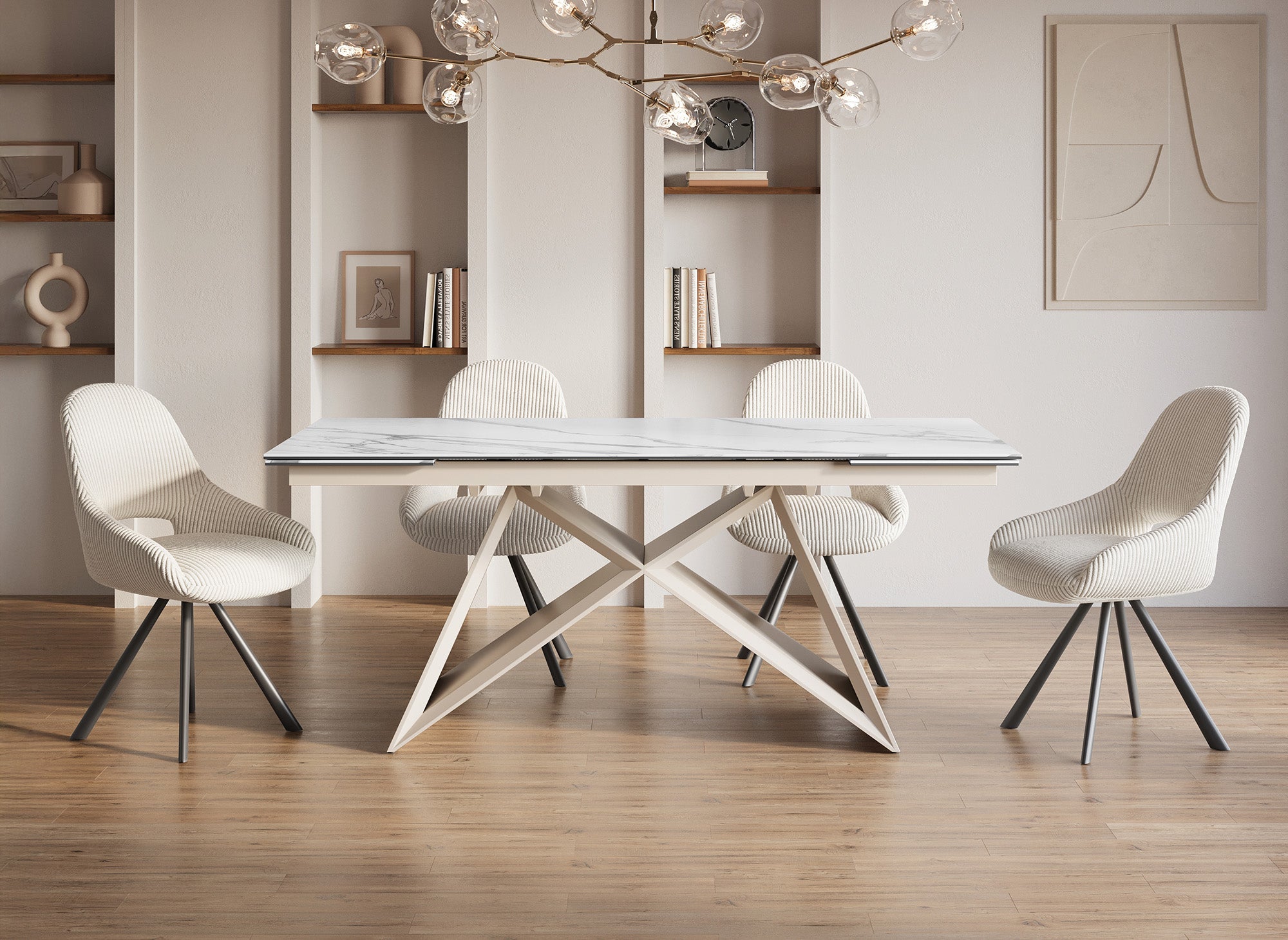 Mesa de comedor extensible GABRIEL en cerámica con efecto mármol blanco