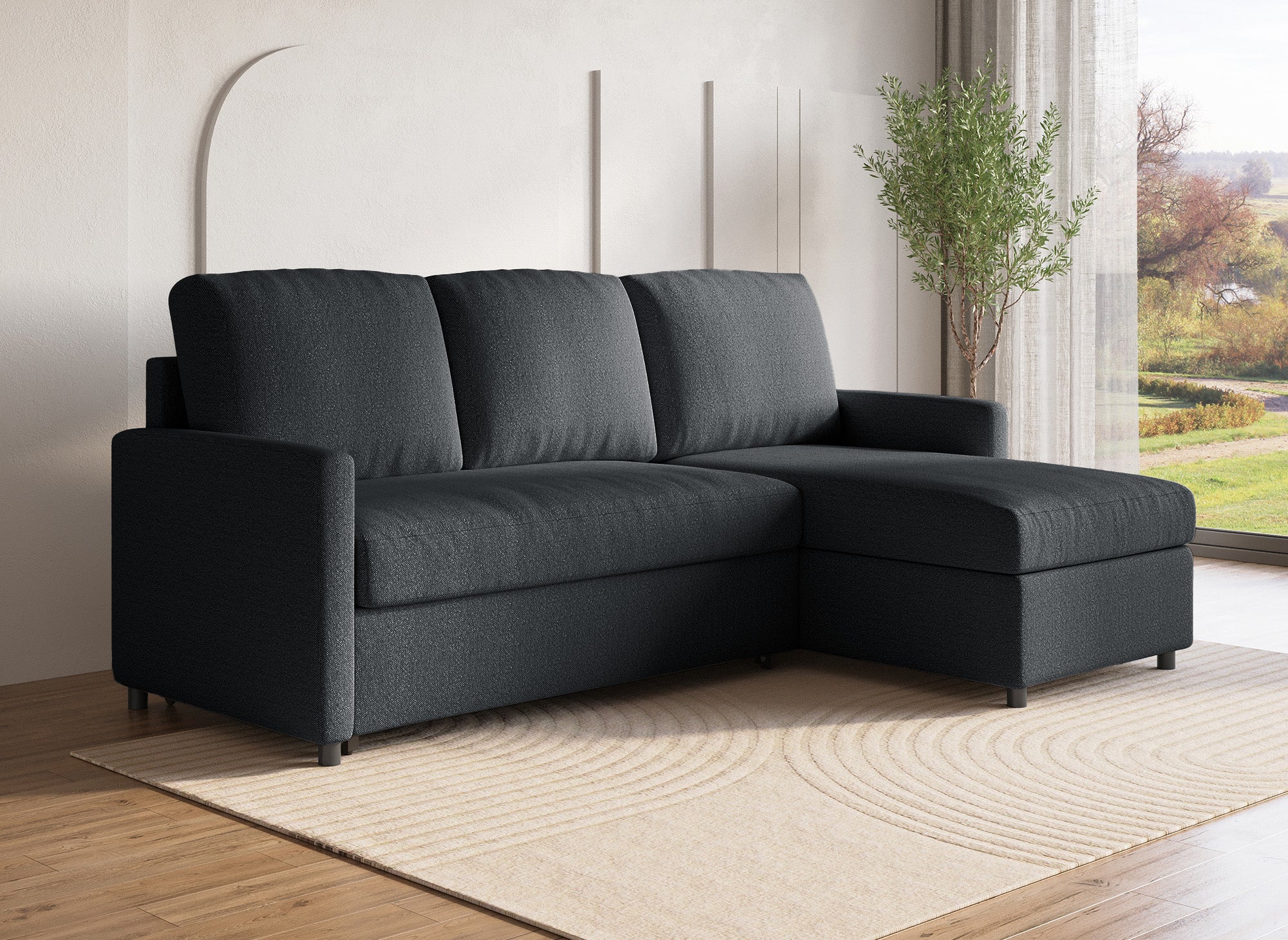 Sofá cama esquinero reversible ADAM con compartimento de almacenamiento en tela gris antracita