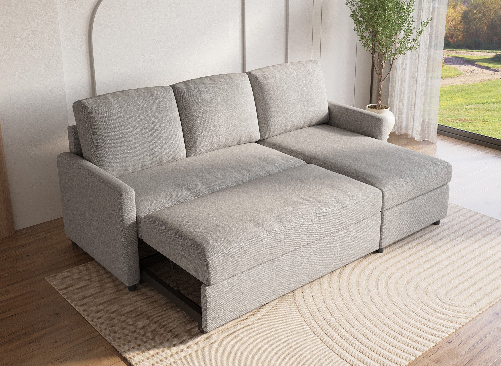 Sofá cama esquinero reversible ADAM con compartimento de almacenamiento en tela gris