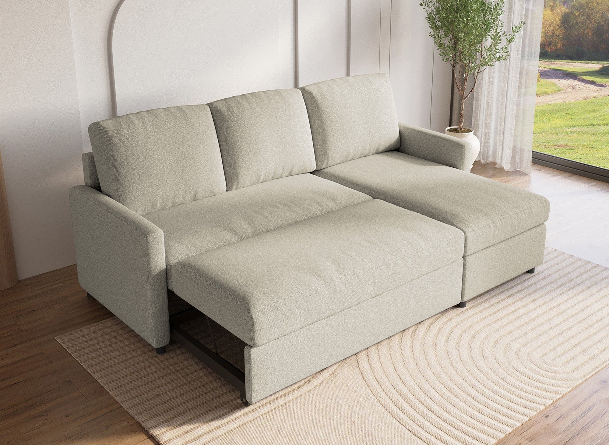 Sofá cama esquinero reversible ADAM con compartimento de almacenamiento en tela beige