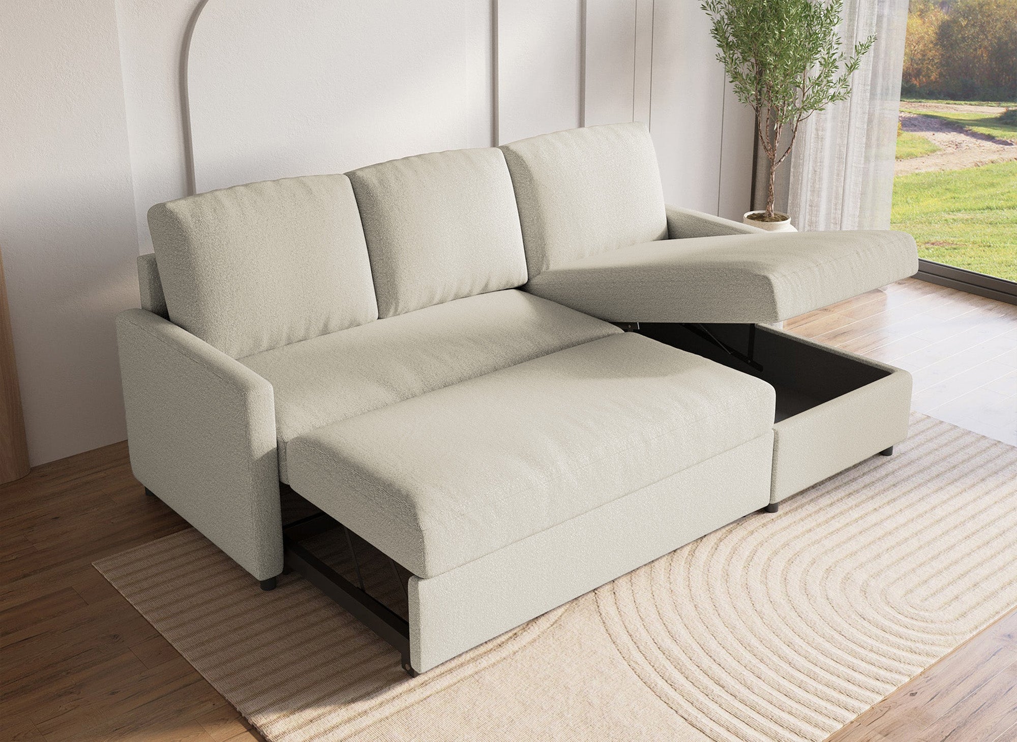 Sofá cama esquinero reversible ADAM con compartimento de almacenamiento en tela beige