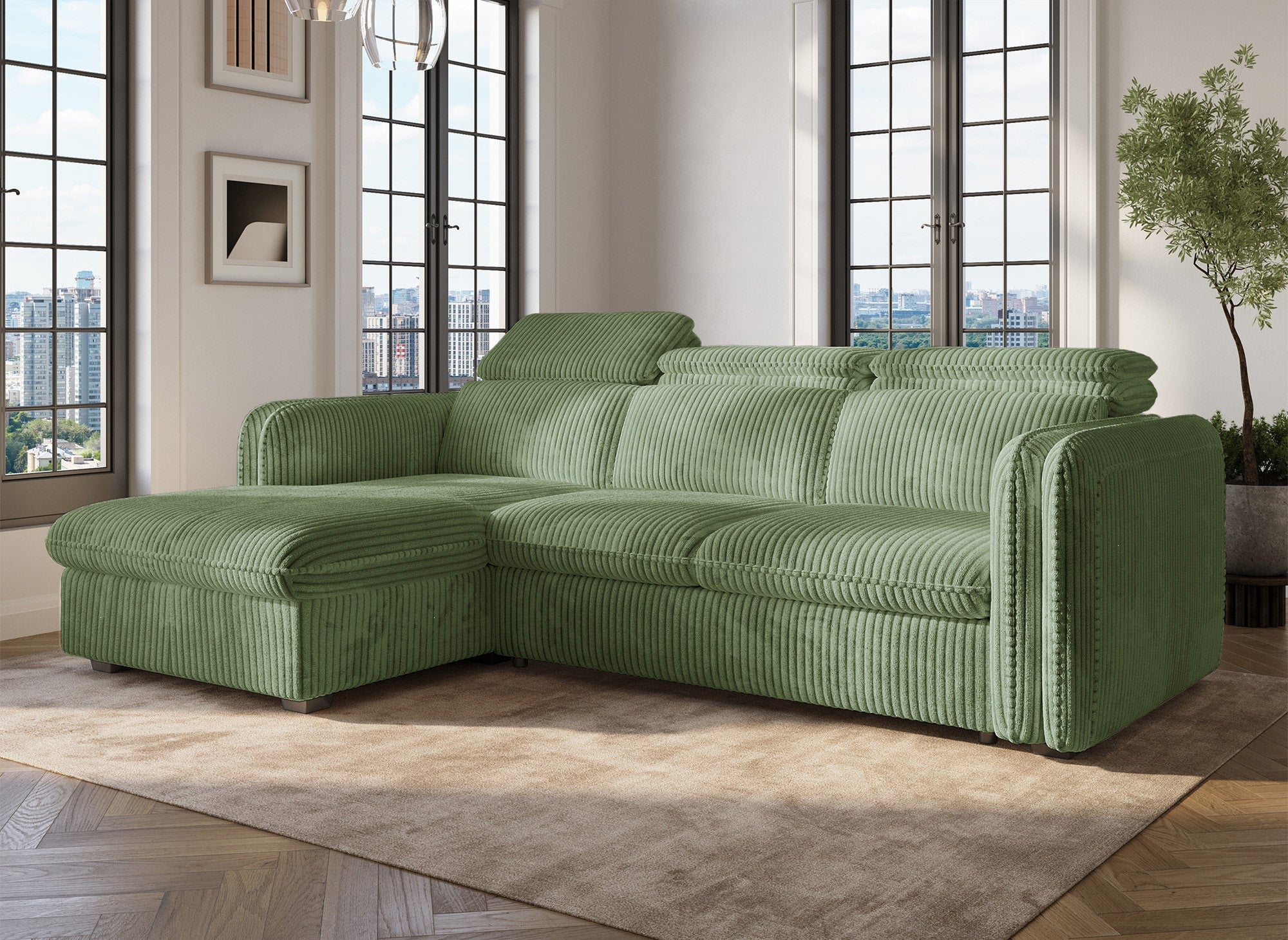 Sofá cama esquinero ISABELLA en pana gruesa verde claro - Esquina izquierda