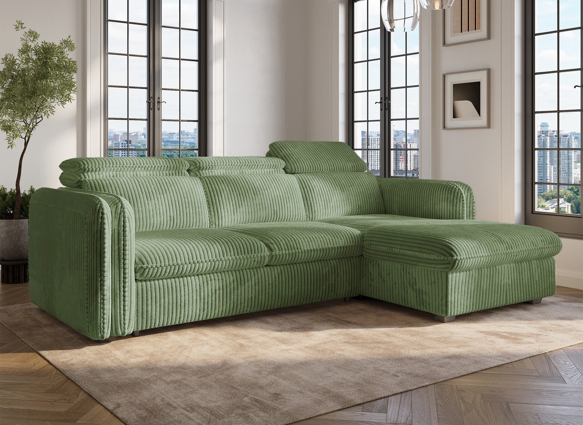 Sofá cama esquinero ISABELLA en pana gruesa verde claro - Esquina derecha