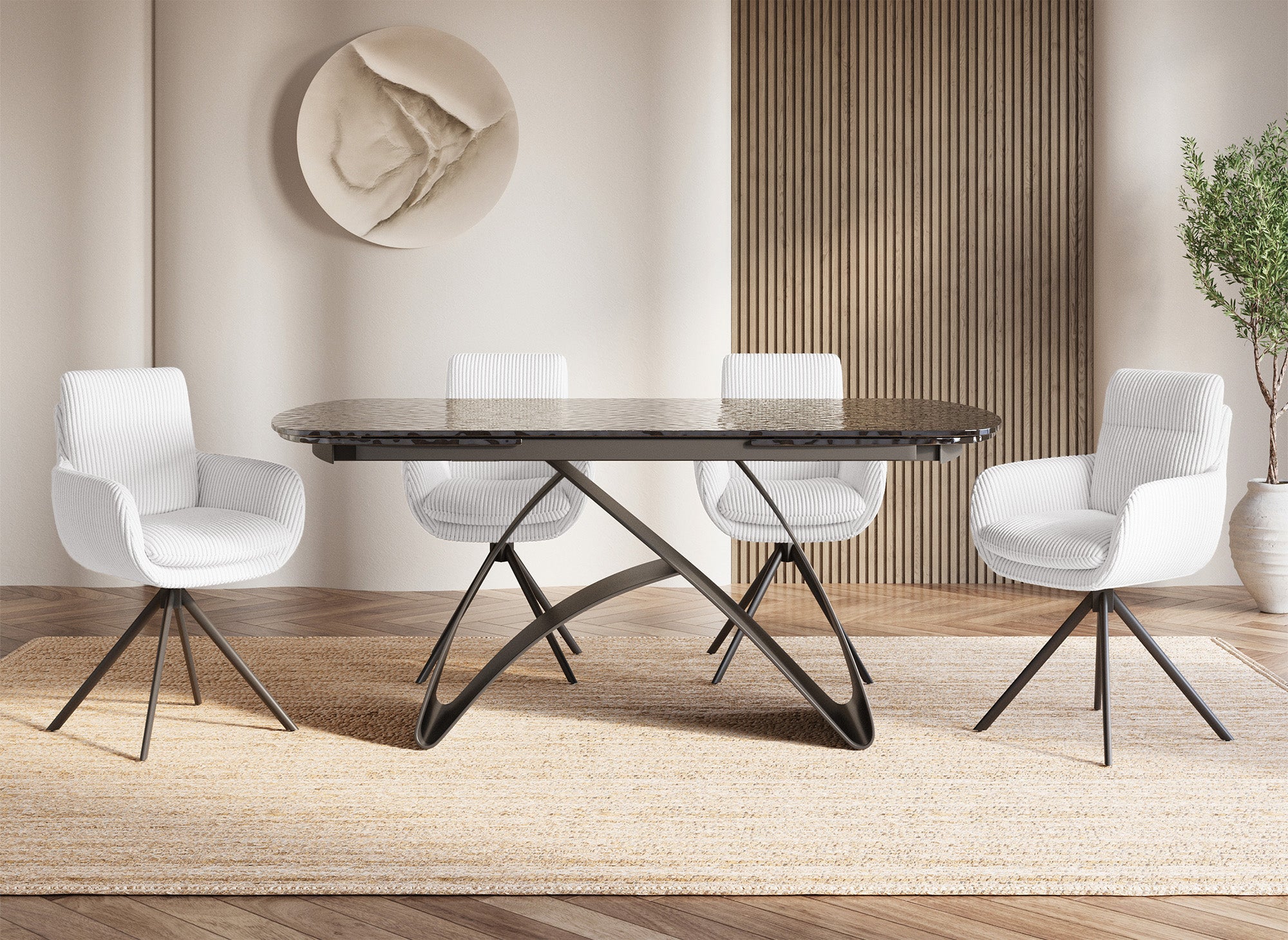 Silla de diseño LOLA con reposabrazos en pana color crudo