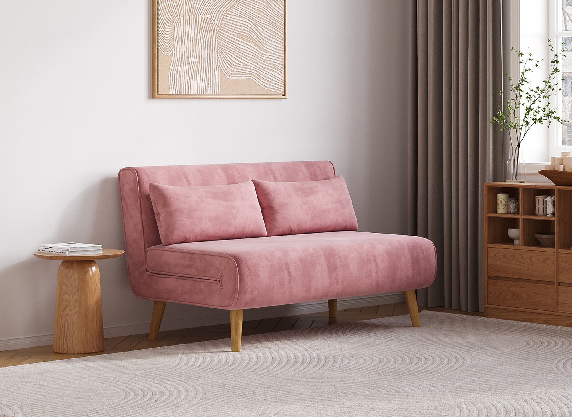 Sofá cama TONKA de 2 plazas en terciopelo rosa