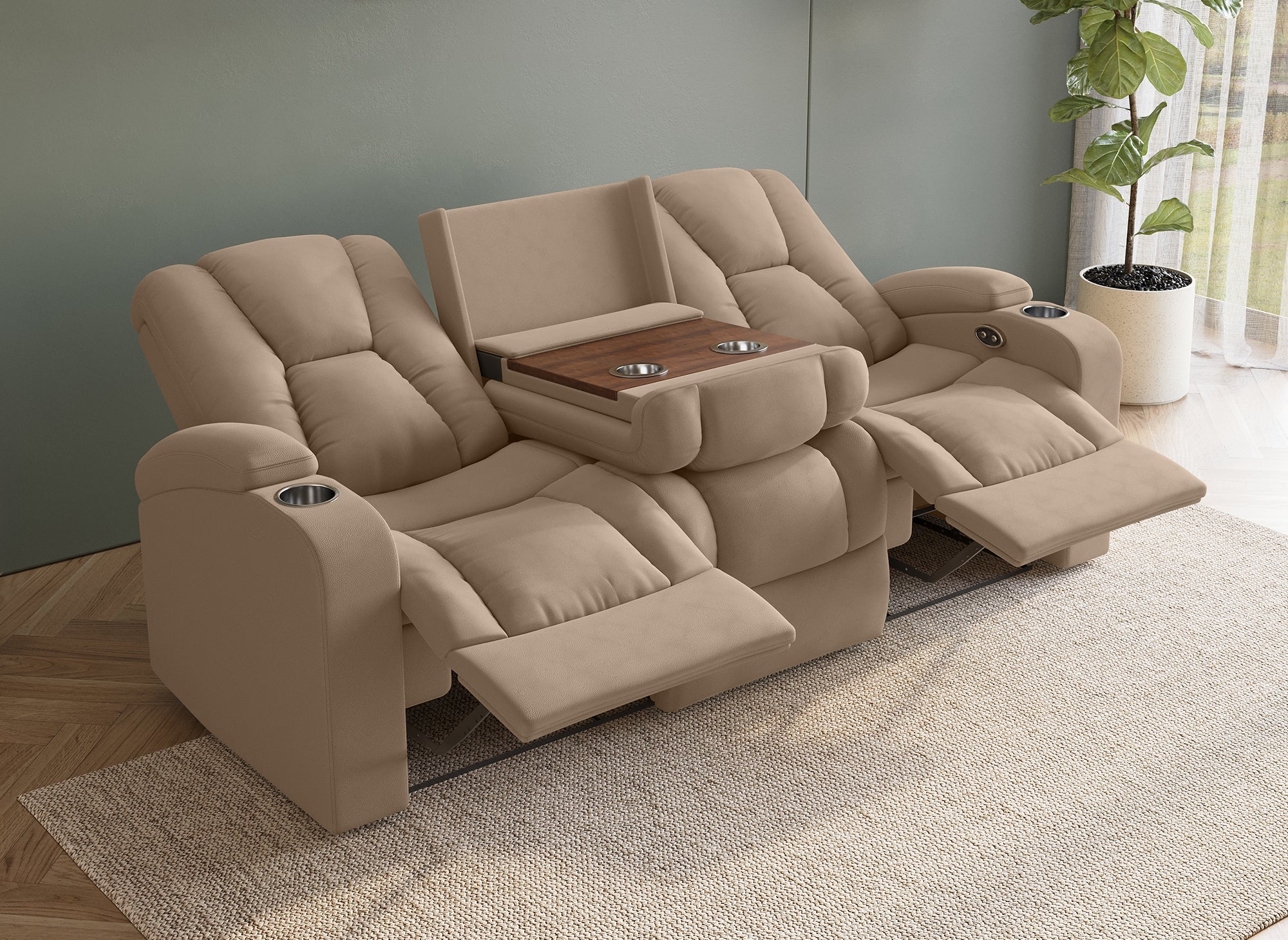 Sofá reclinable eléctrico de 3 plazas EL CLARENCE en tejido de microfibra beige