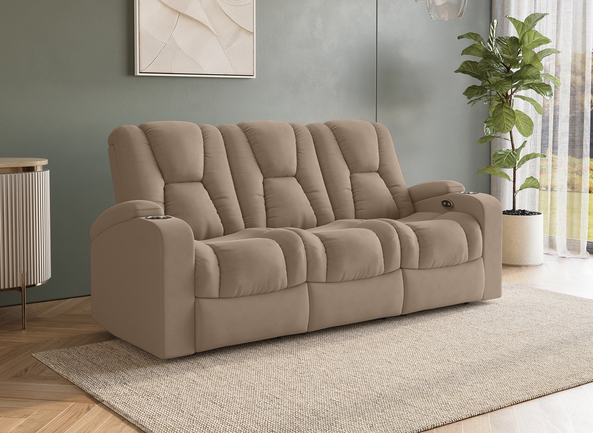 Sofá reclinable eléctrico de 3 plazas EL CLARENCE en tejido de microfibra beige