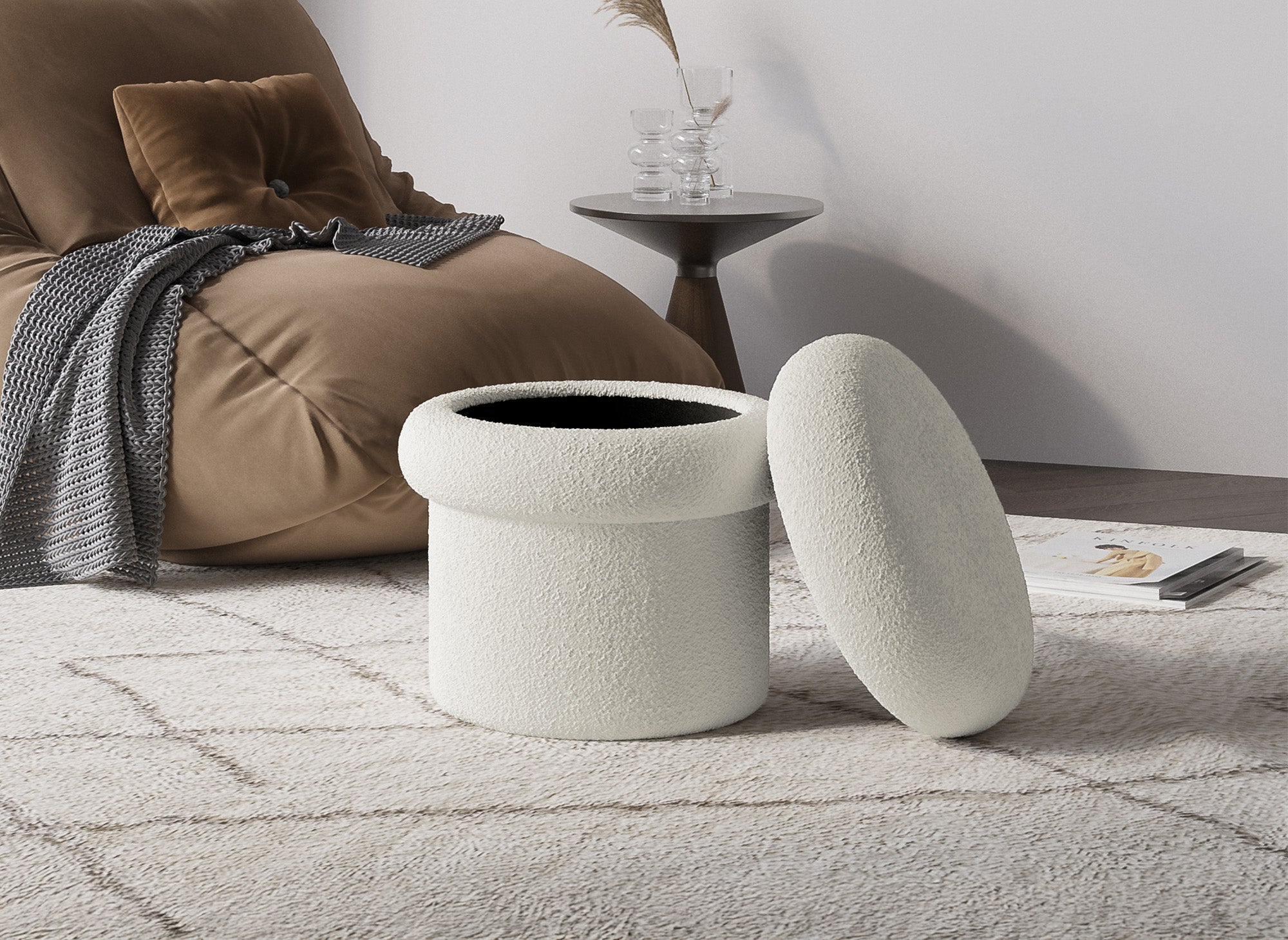 Puf con almacenaje SHERA de tela bouclé crudo