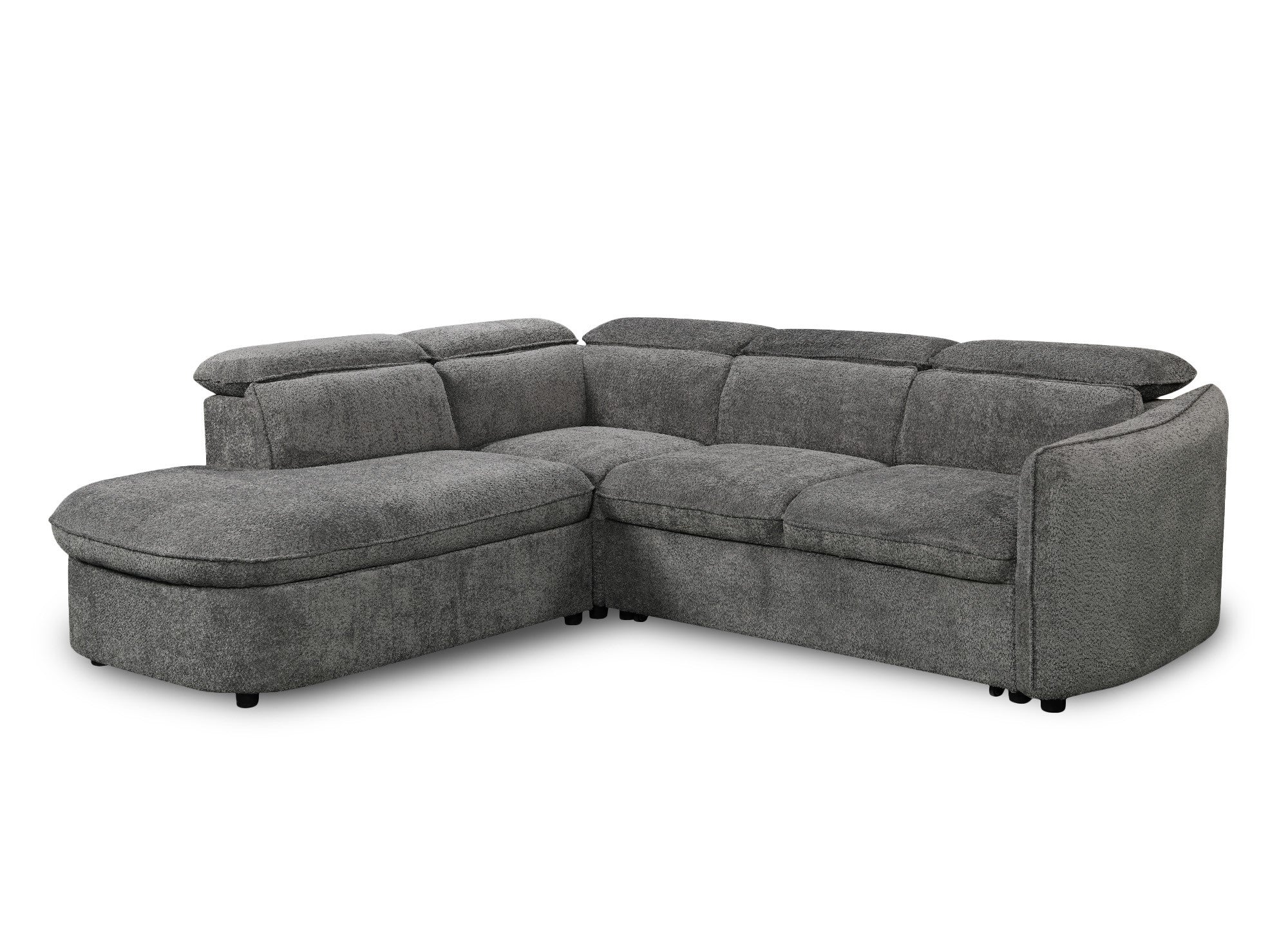 Sofá cama esquinero BAYA con compartimento de almacenaje en tejido bouclé gris - esquina izquierda