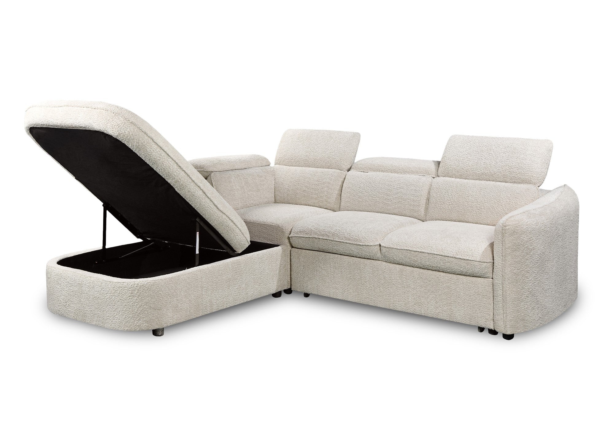 Sofá esquinero convertible BAYA con compartimento de almacenamiento en tela bouclé color crudo - esquina izquierda