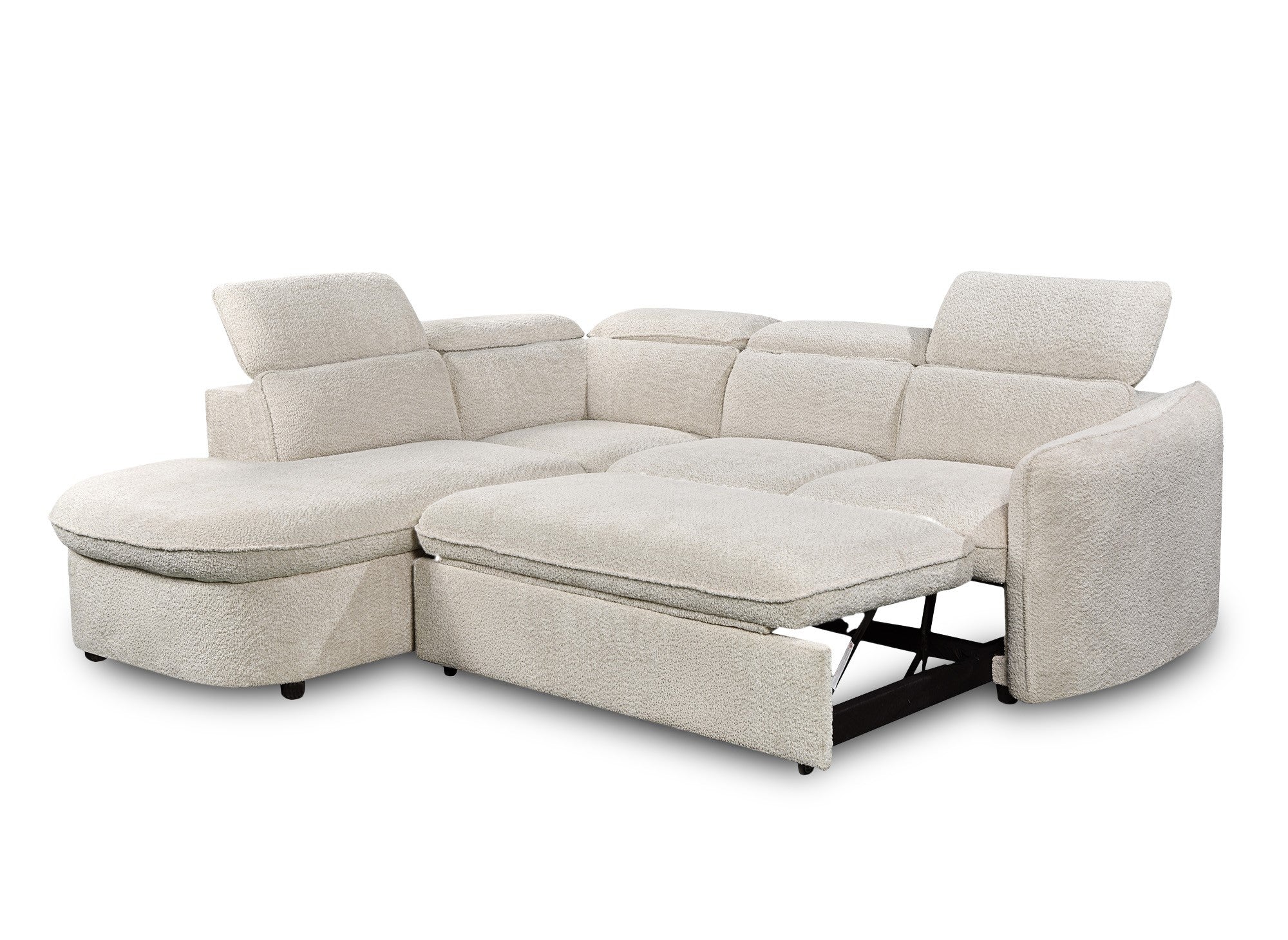 Sofá esquinero convertible BAYA con compartimento de almacenamiento en tela bouclé color crudo - esquina izquierda