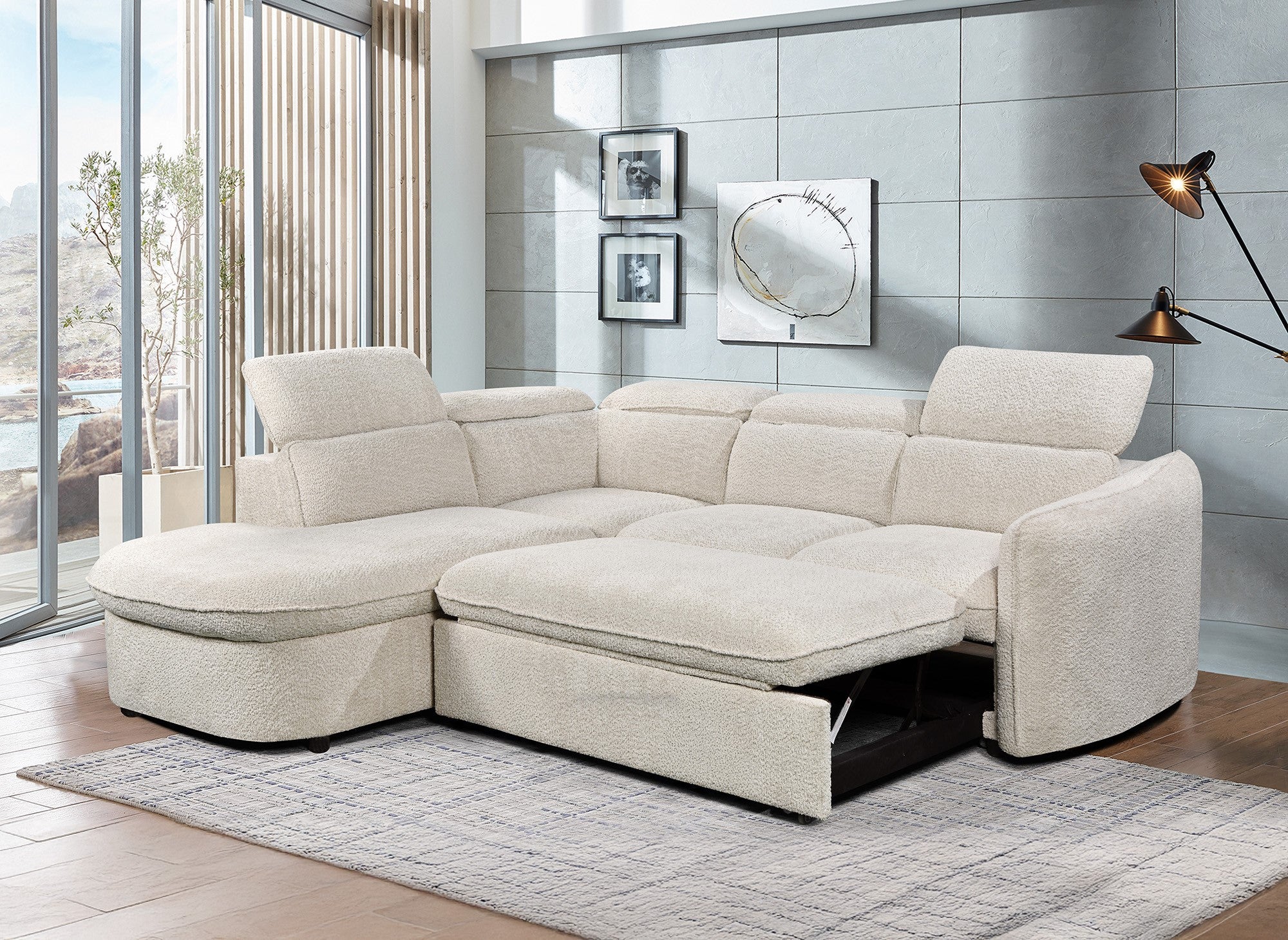 Sofá esquinero convertible BAYA con compartimento de almacenamiento en tela bouclé color crudo - esquina izquierda