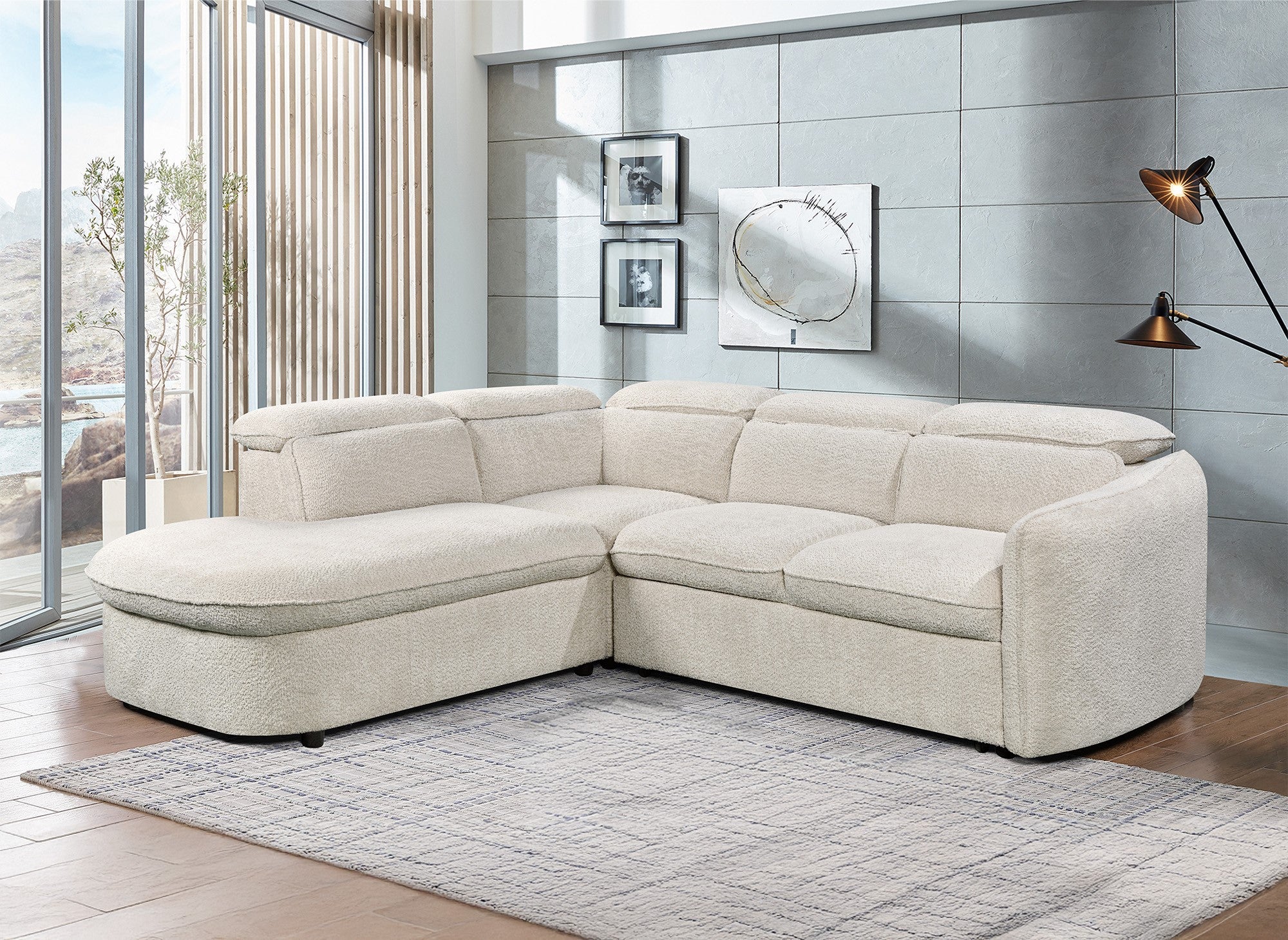 Sofá esquinero convertible BAYA con compartimento de almacenamiento en tela bouclé color crudo - esquina izquierda