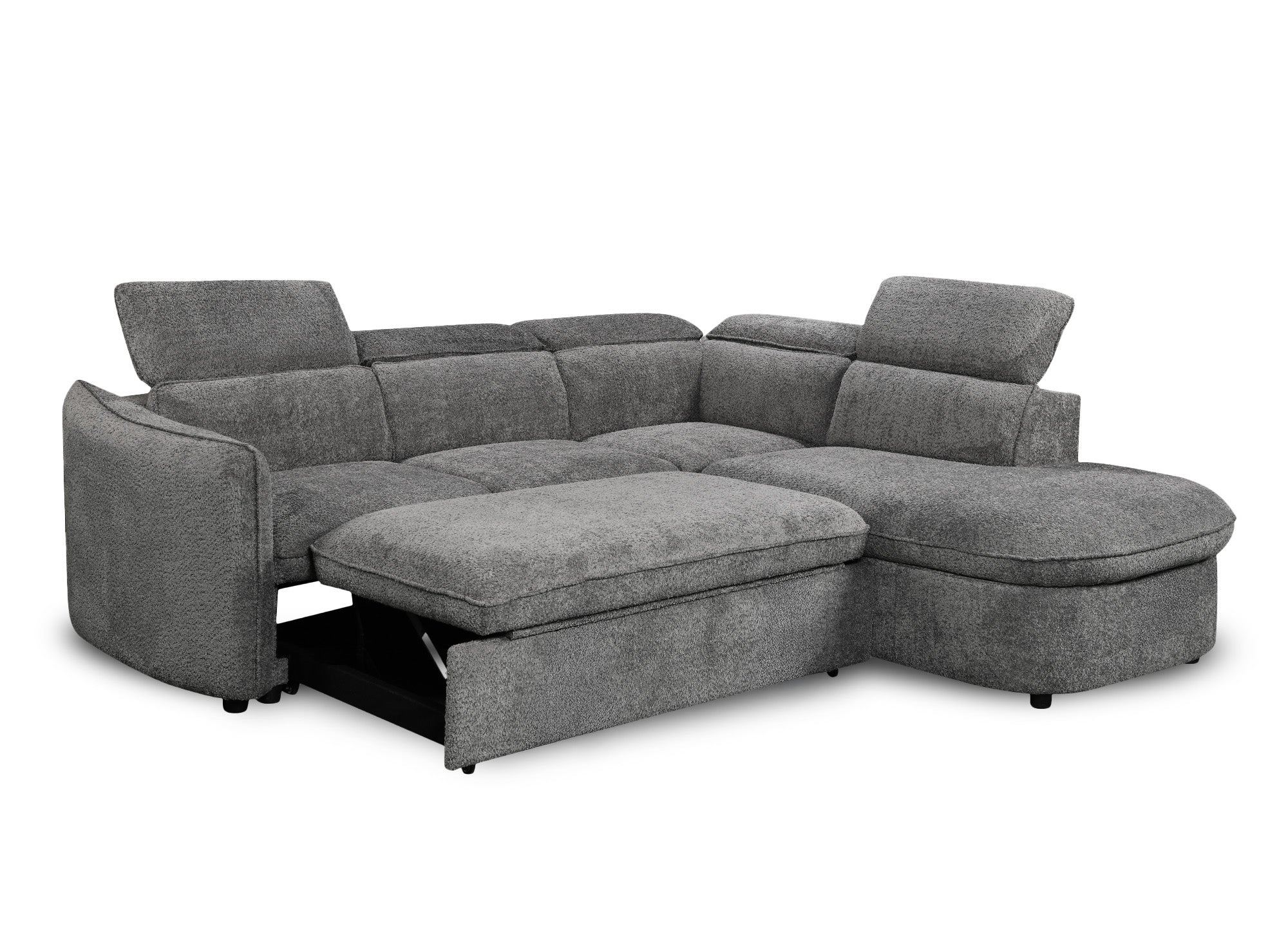 Sofá cama esquinero BAYA con compartimento de almacenaje en tejido bouclé gris - esquina derecha