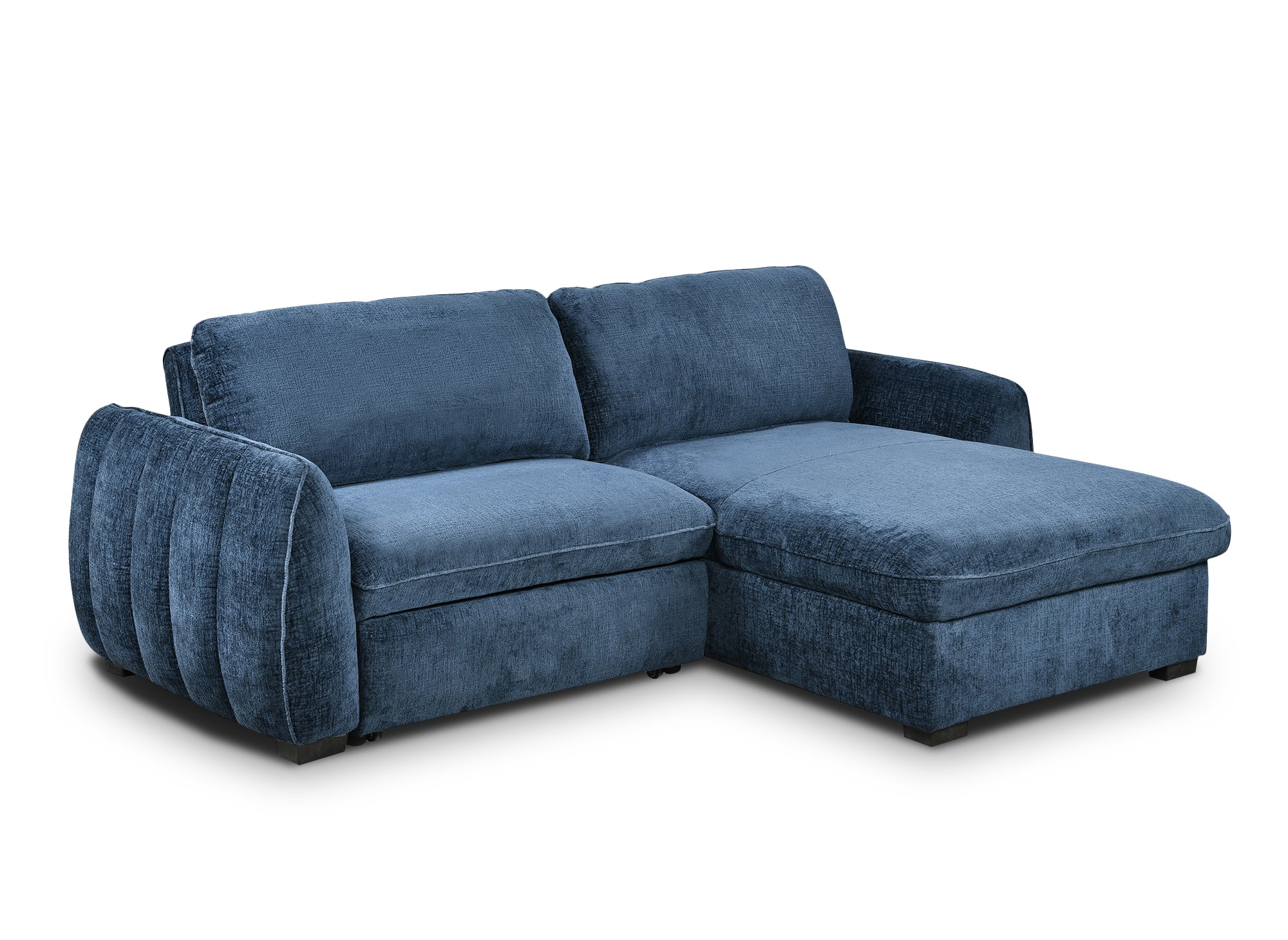 Sofá esquinero convertible y reversible LIORA con almacenaje en terciopelo azul jaspeado