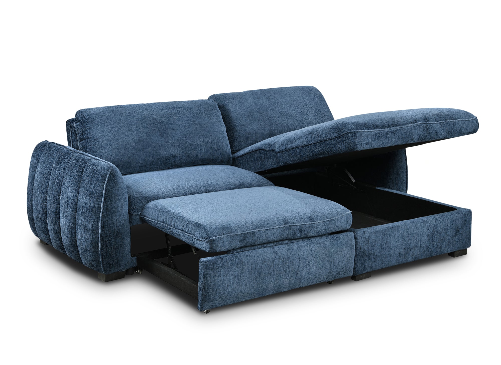 Sofá esquinero convertible y reversible LIORA con almacenaje en terciopelo azul jaspeado