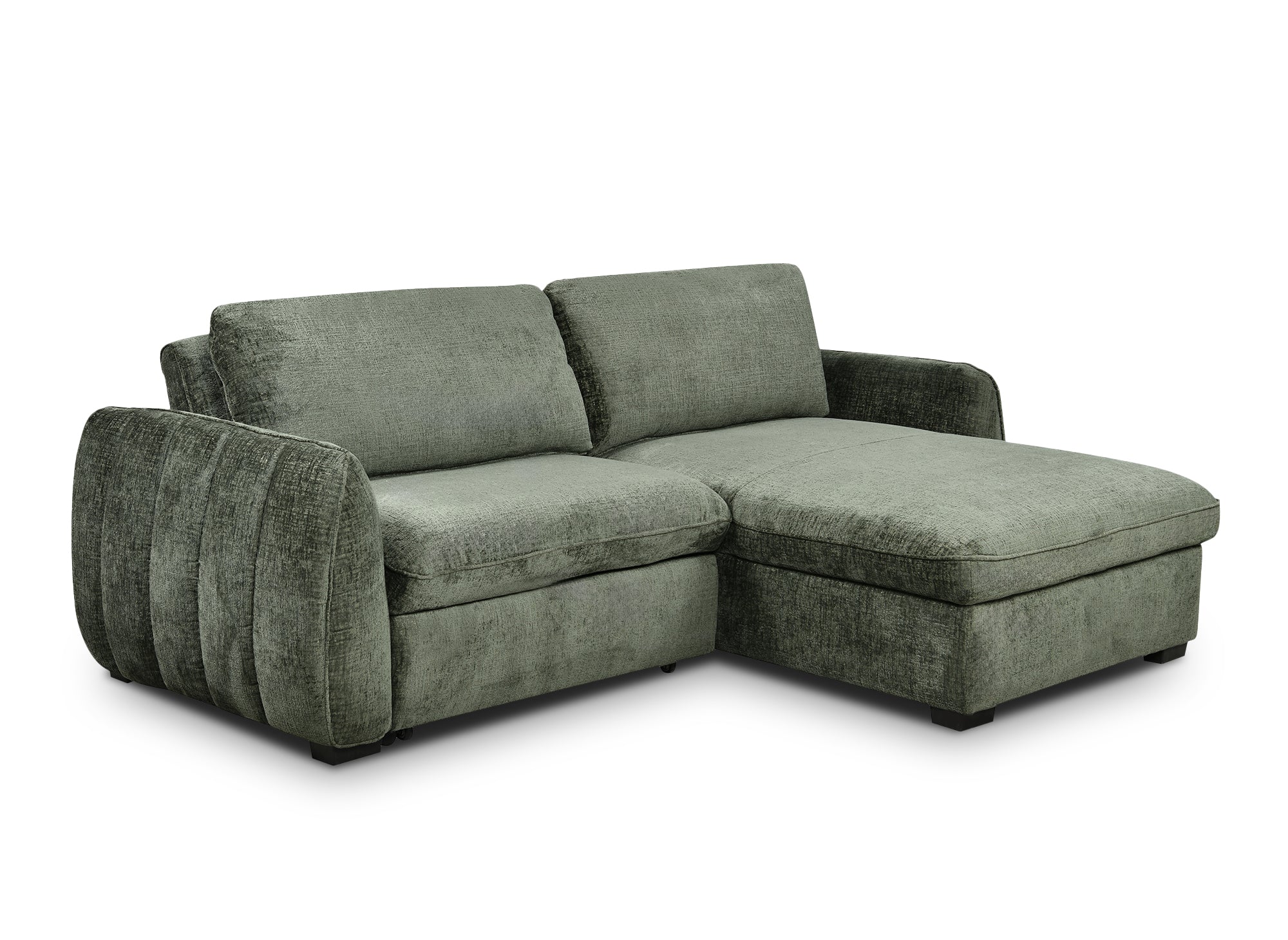 Sofá esquinero convertible y reversible LIORA con almacenaje en terciopelo verde caqui jaspeado