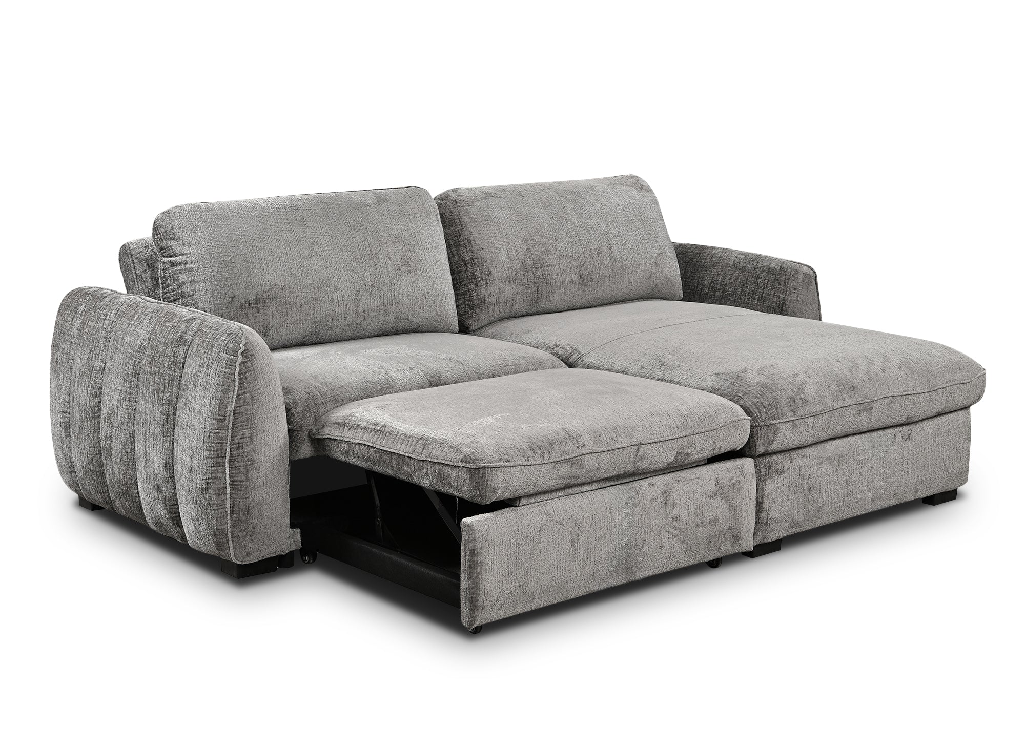 Sofá esquinero convertible y reversible LIORA con almacenaje en terciopelo gris jaspeado