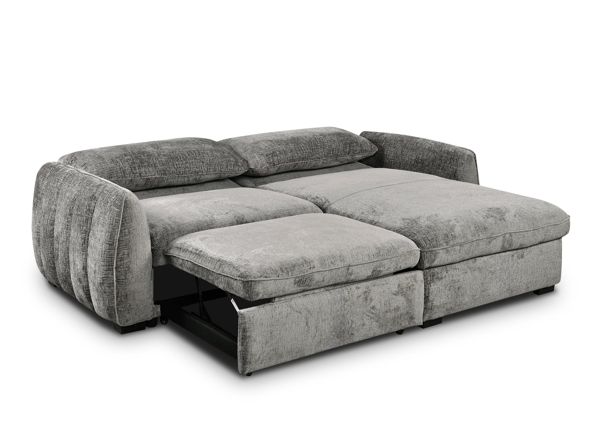 Sofá esquinero convertible y reversible LIORA con almacenaje en terciopelo gris jaspeado