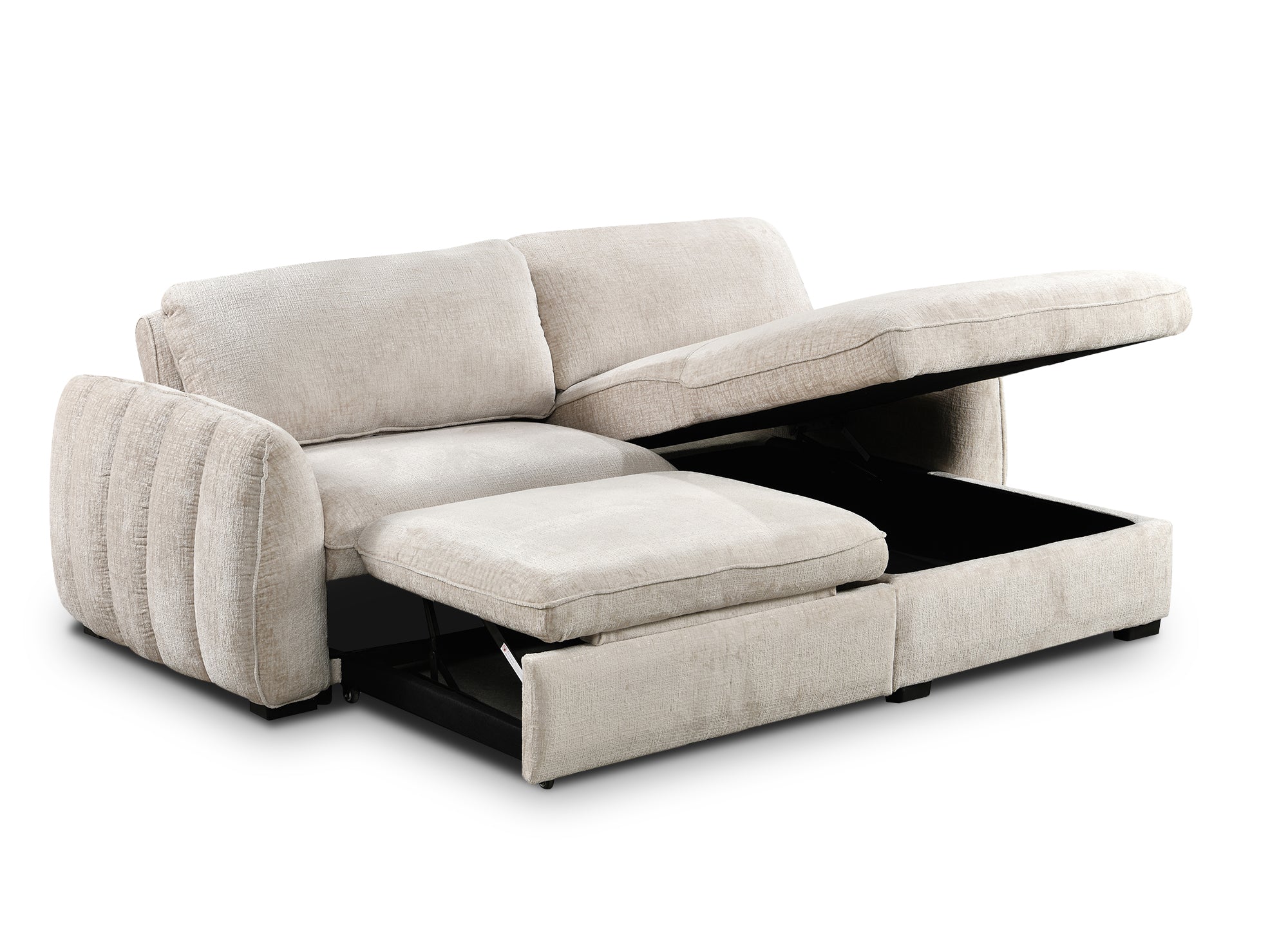 Sofá esquinero convertible y reversible LIORA con almacenaje en terciopelo jaspeado beige