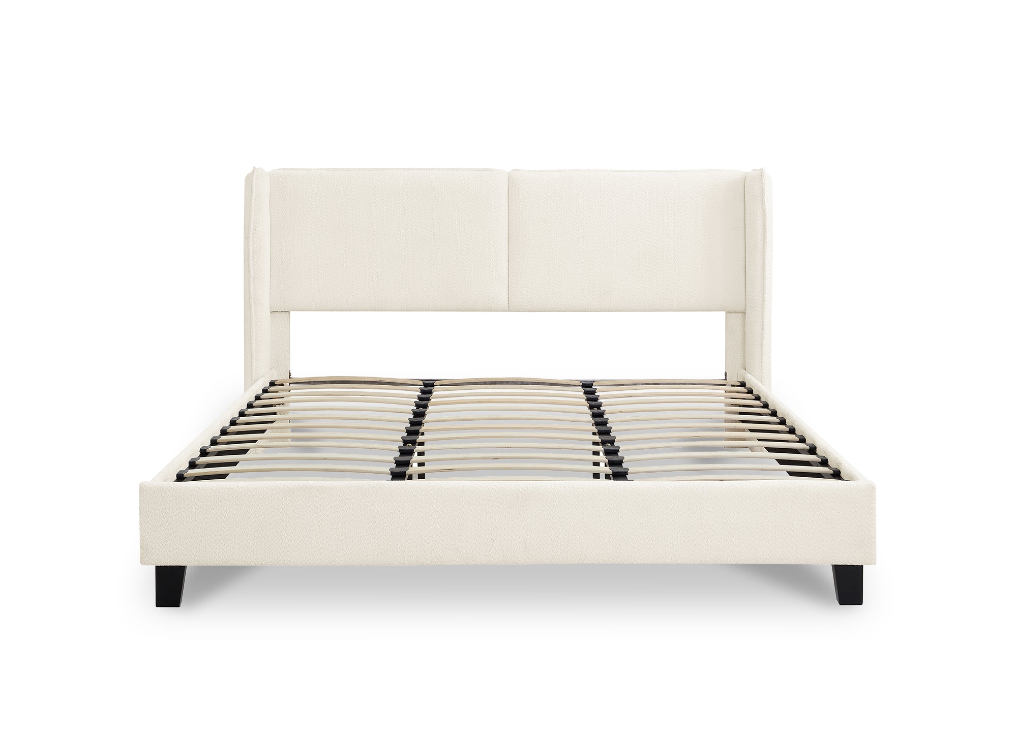 Cama doble KAYDEN de 160x200 cm, tapizada en tela efecto piel de oveja color beige.