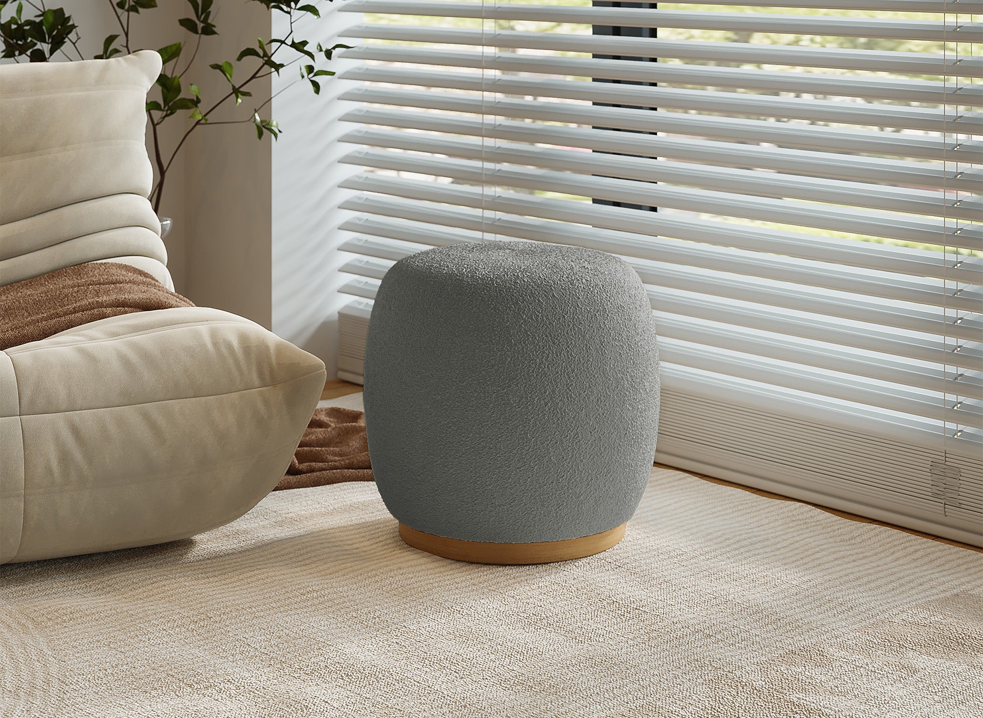 Puf VALEA de tela con efecto piel de oveja gris y madera