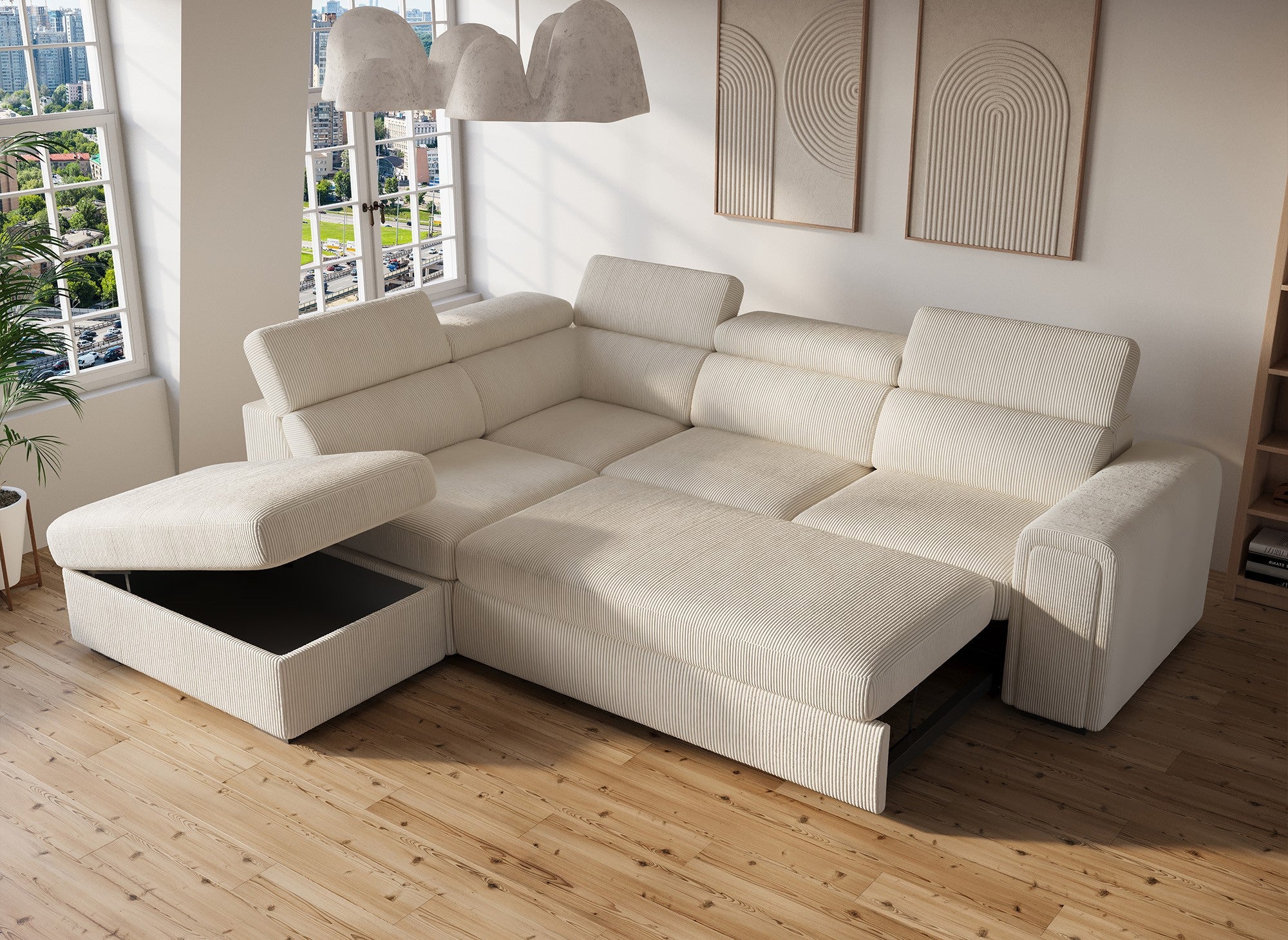 Sofá cama esquinero ZENOVA con almacenaje en pana gruesa color beige - Esquina izquierda