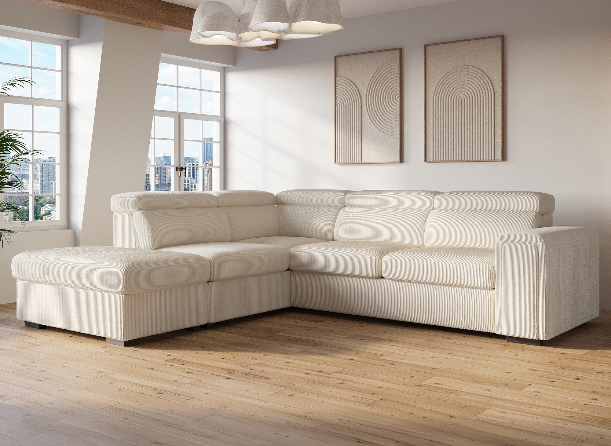 Sofá cama esquinero ZENOVA con almacenaje en pana gruesa color beige - Esquina izquierda