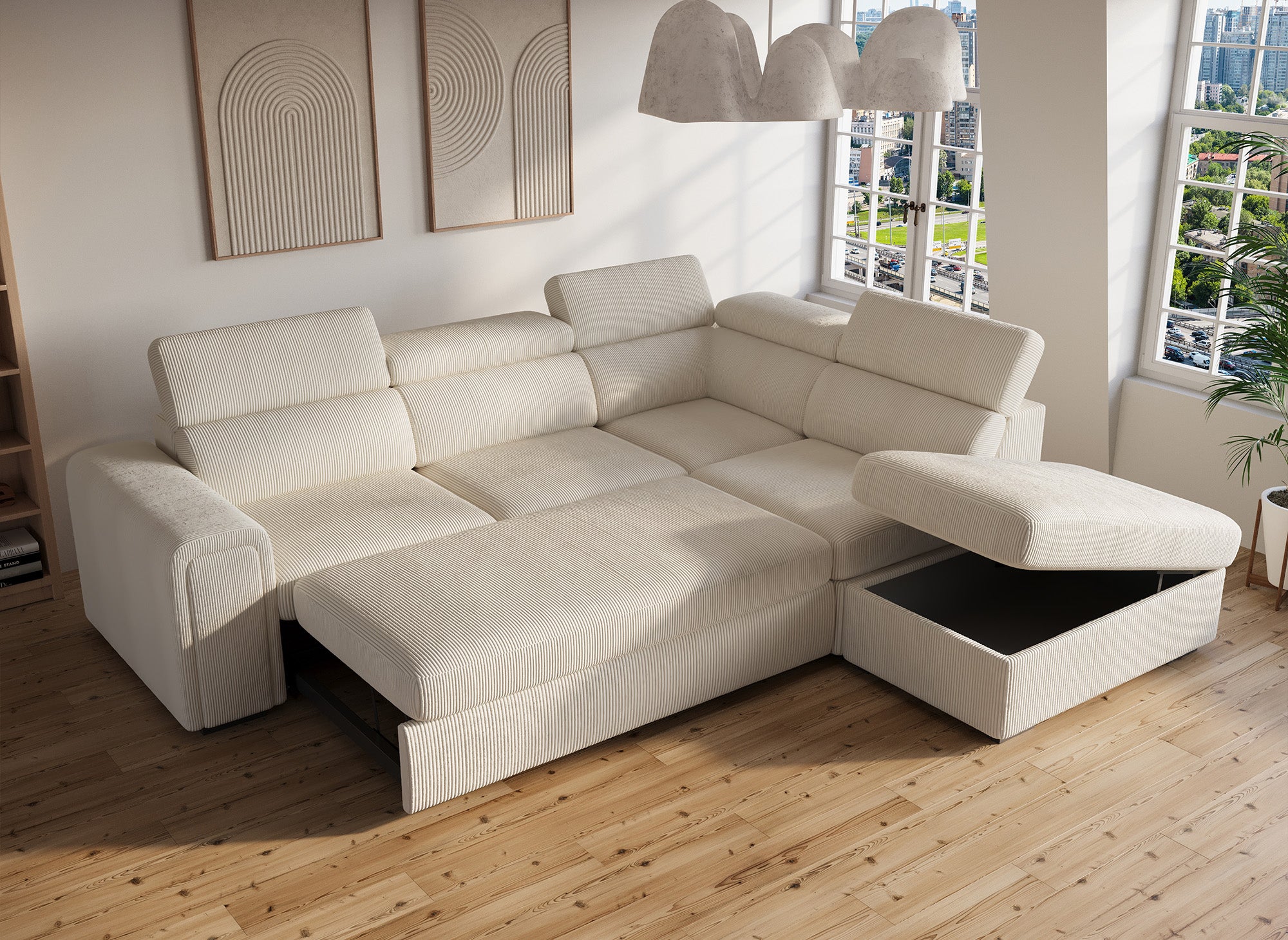 Sofá cama esquinero ZENOVA con almacenaje en pana gruesa color beige - Esquina derecha