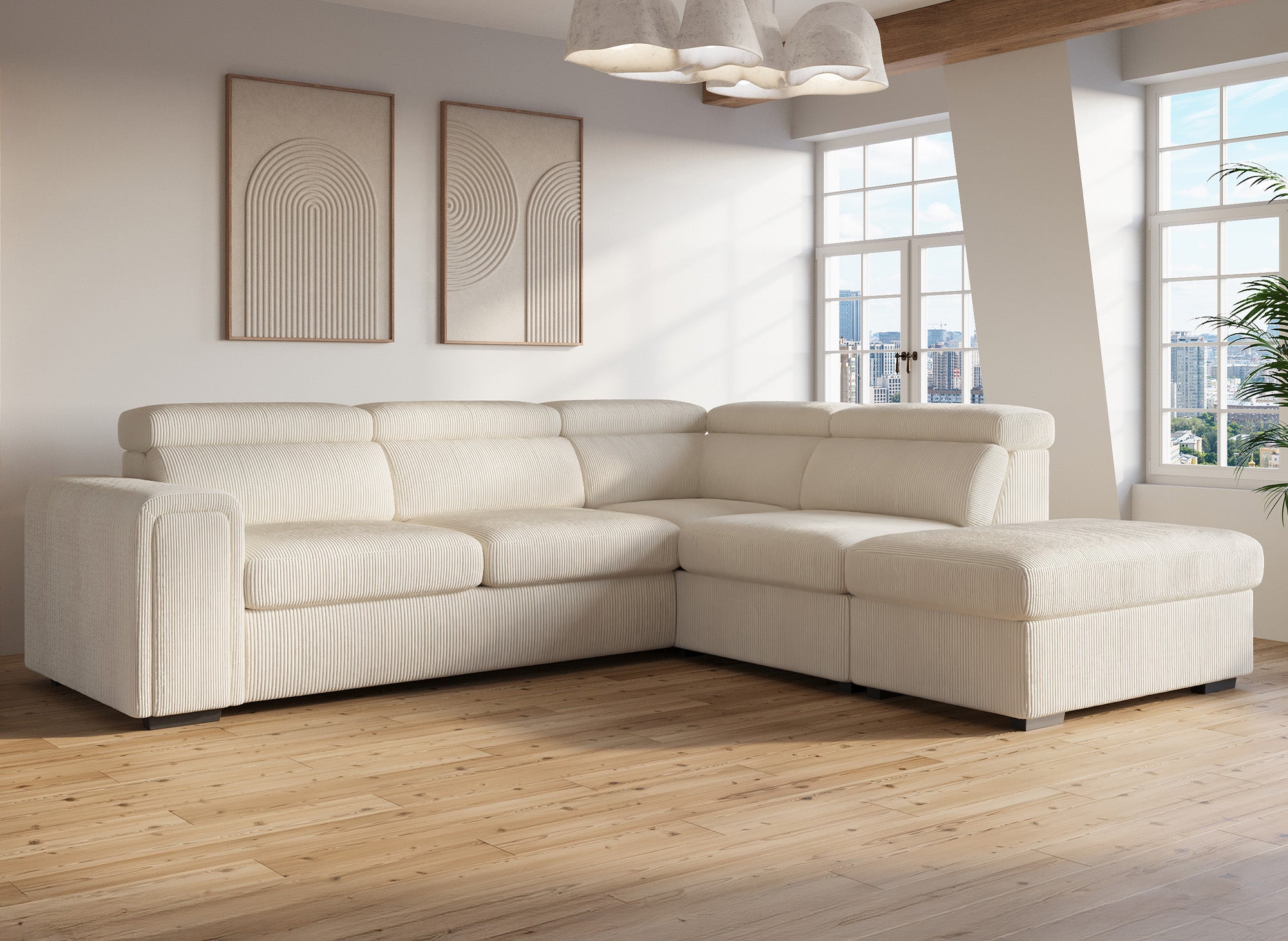 Sofá cama esquinero ZENOVA con almacenaje en pana gruesa color beige - Esquina derecha