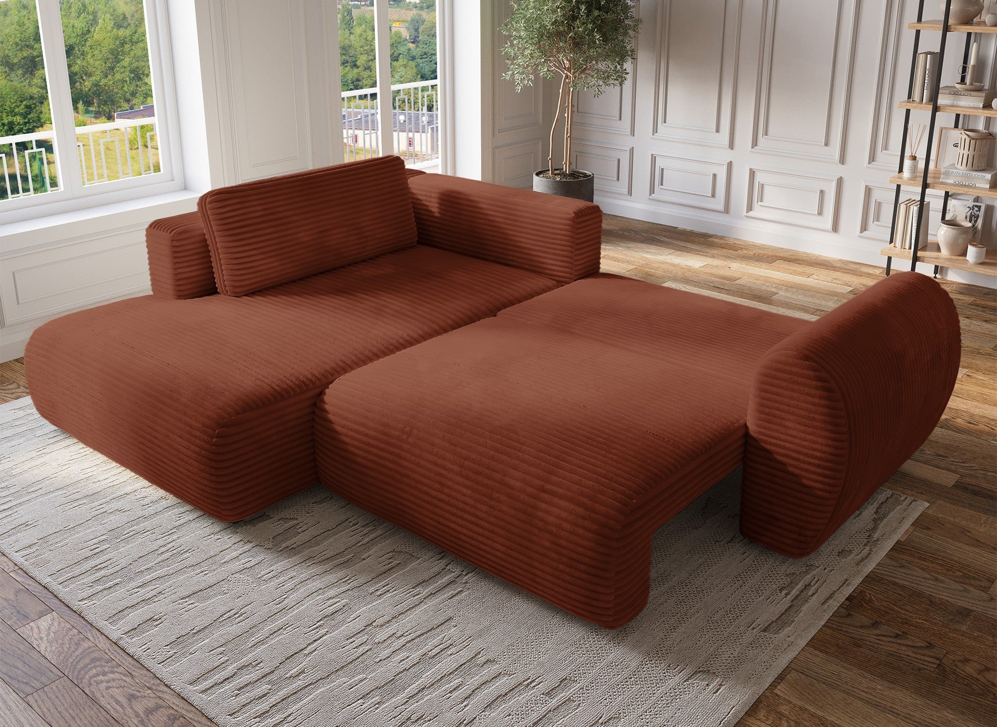 Sofá cama esquinero TILDA con chaise longue y almacenaje en tejido acanalado color terracota - Esquina izquierda