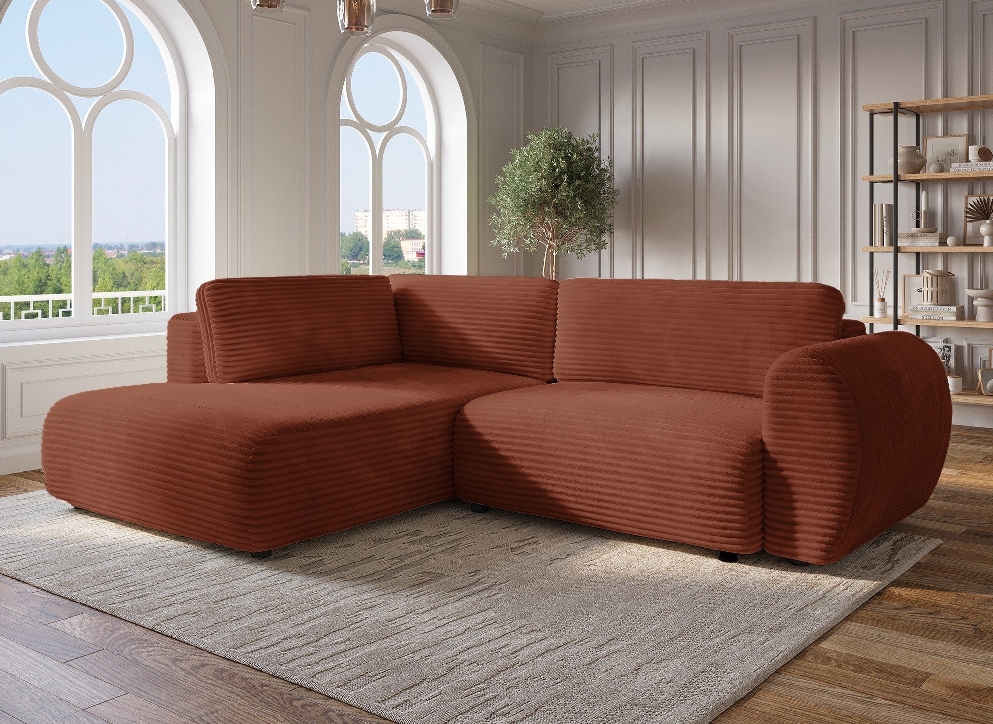 Sofá cama esquinero TILDA con chaise longue y almacenaje en tejido acanalado color terracota - Esquina izquierda
