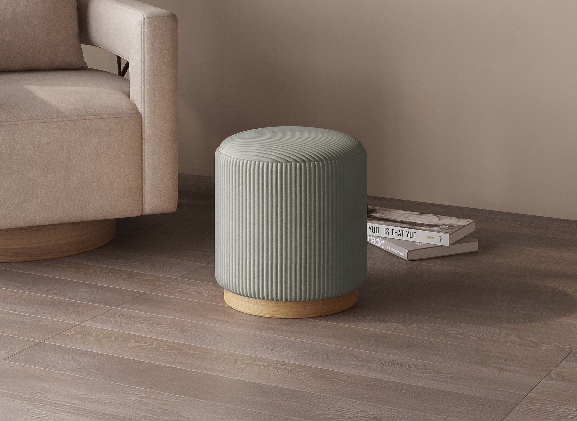 Puf de diseño NAORA en pana gris con patas de madera