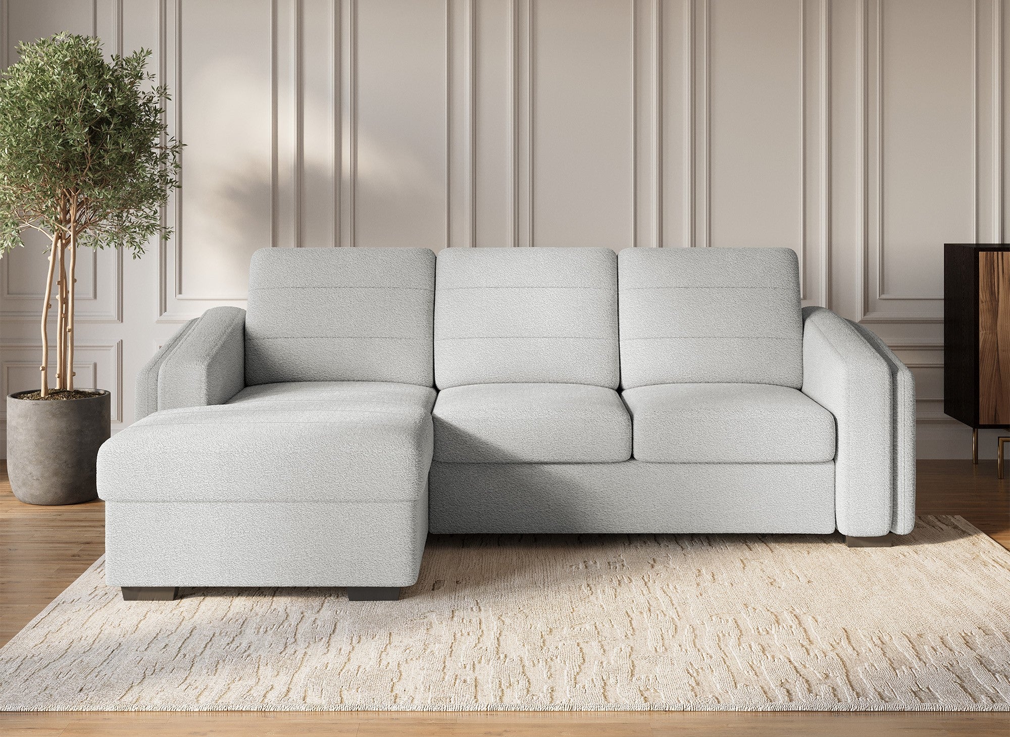 Sofá cama esquinero CALANDRA con almacenaje en tejido bouclé gris claro - Esquina izquierda