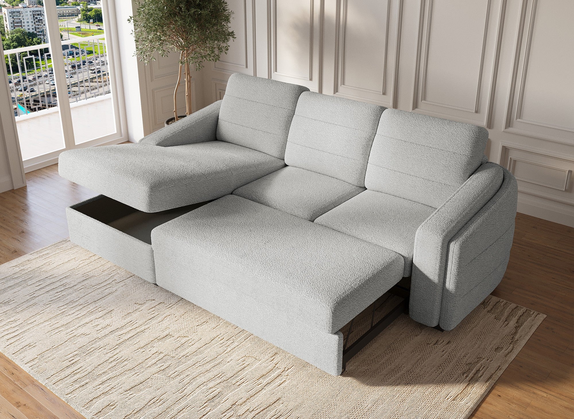 Sofá cama esquinero CALANDRA con almacenaje en tejido bouclé gris claro - Esquina izquierda