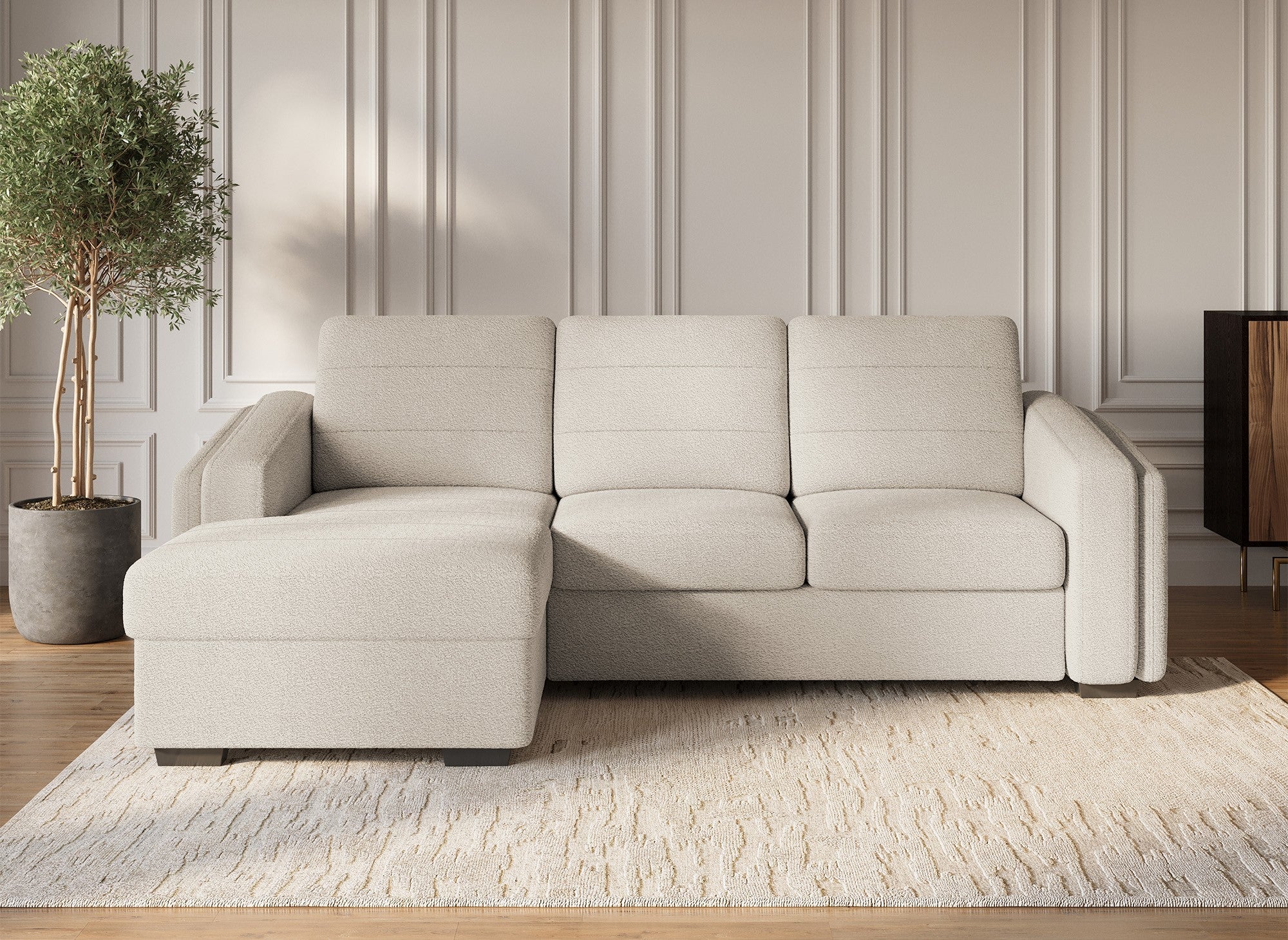 Sofá cama esquinero CALANDRA con almacenaje en tela bouclé beige - Esquina izquierda