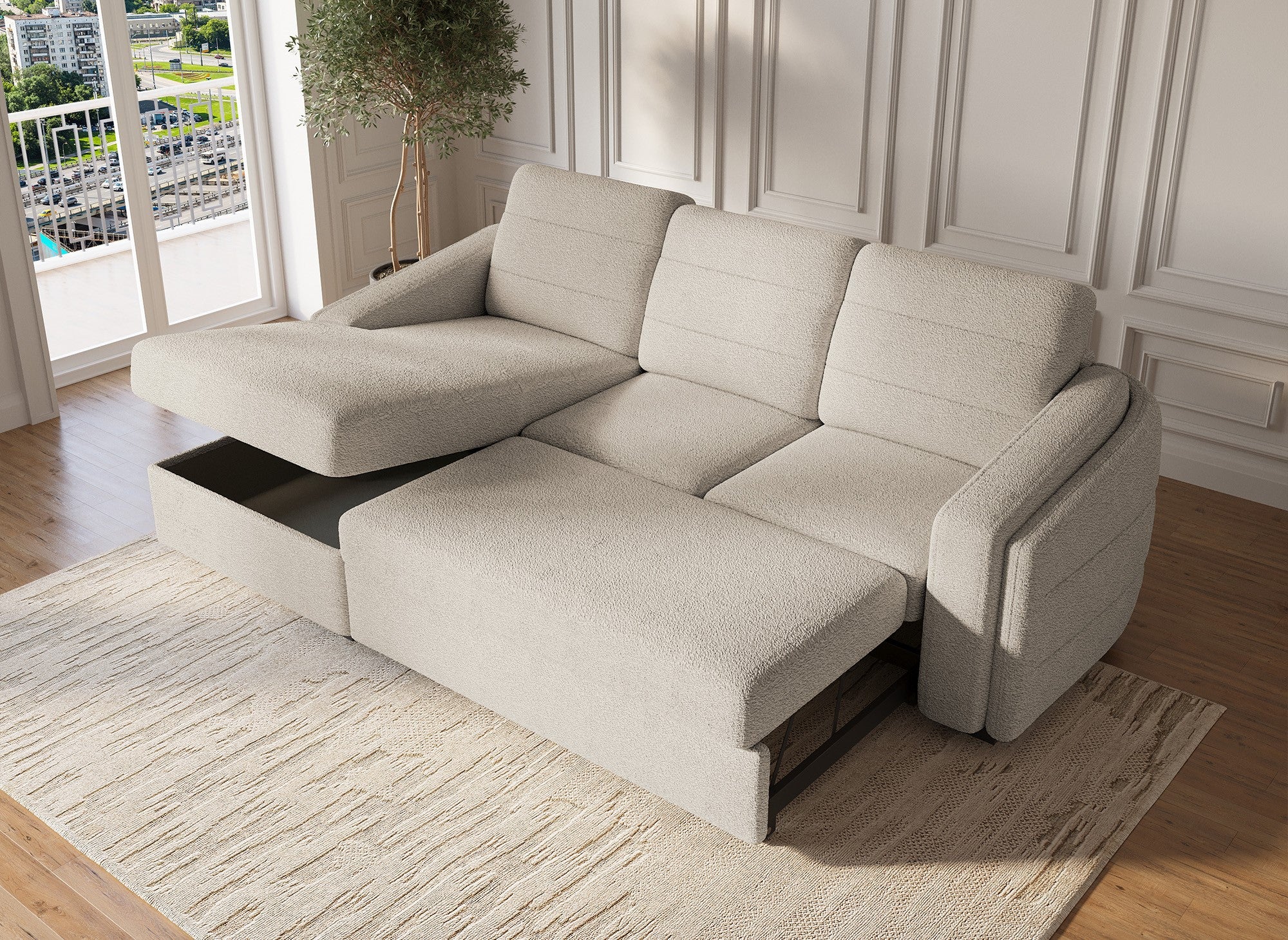 Sofá cama esquinero CALANDRA con almacenaje en tela bouclé beige - Esquina izquierda