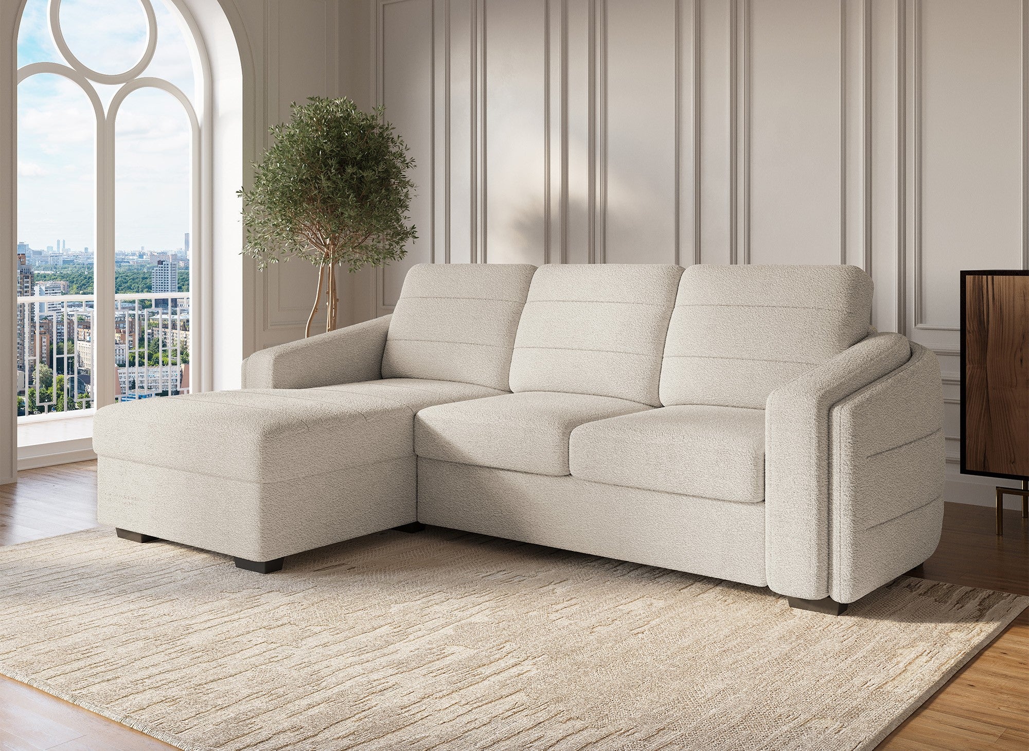 Sofá cama esquinero CALANDRA con almacenaje en tela bouclé beige - Esquina izquierda