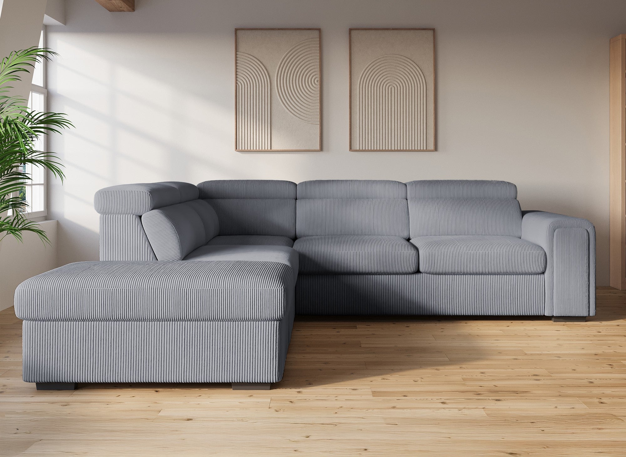 Sofá cama esquinero ZENOVA con almacenaje en pana gris gruesa - Esquina izquierda