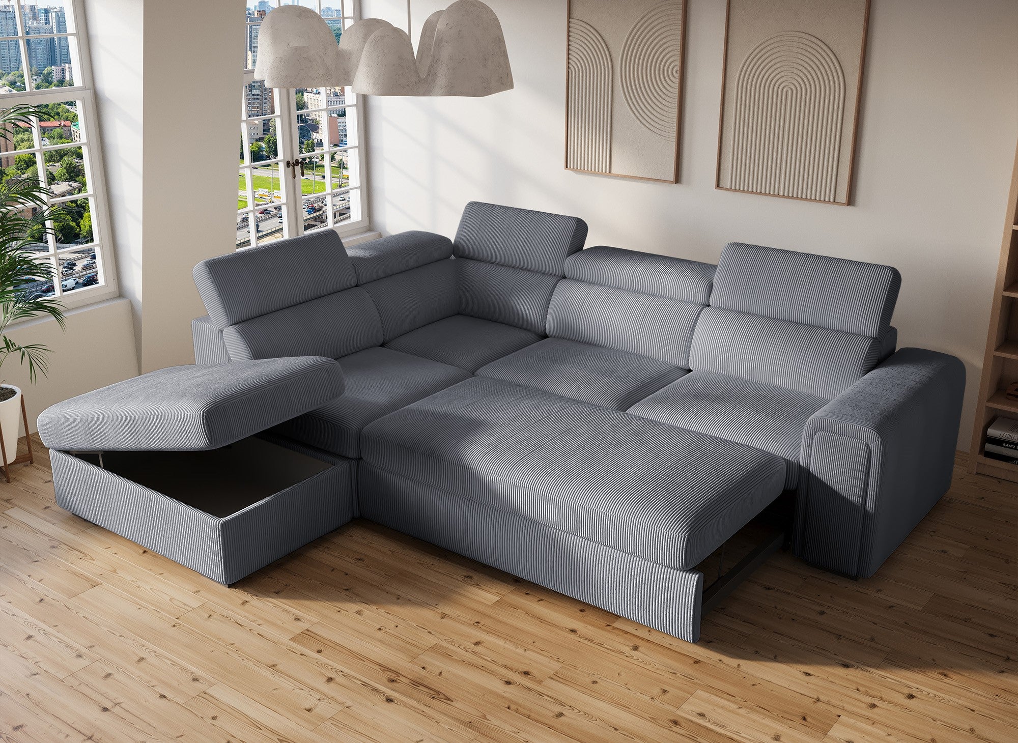 Sofá cama esquinero ZENOVA con almacenaje en pana gris gruesa - Esquina izquierda