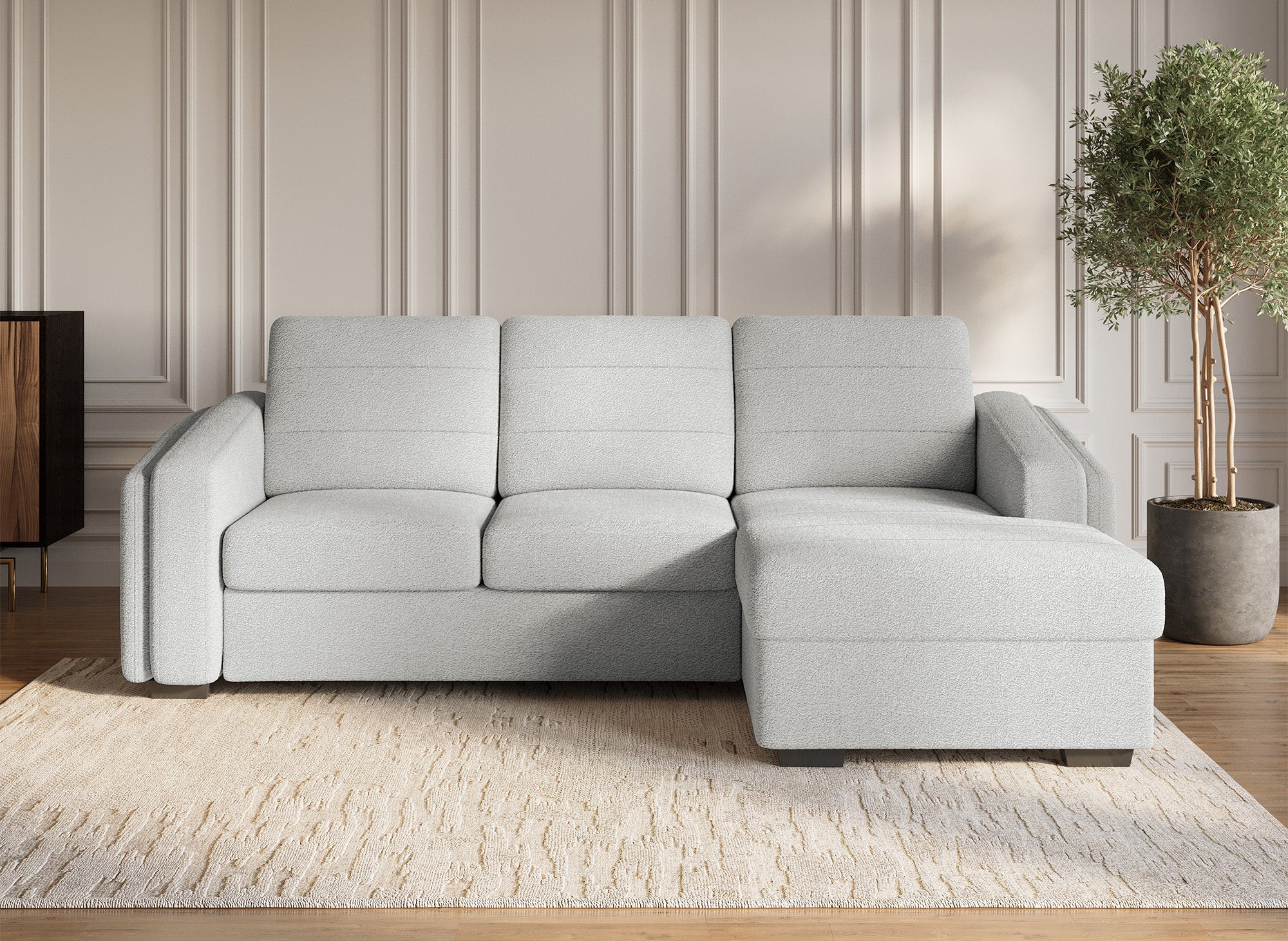 Sofá cama esquinero CALANDRA con almacenaje en tejido bouclé gris claro - Esquina derecha