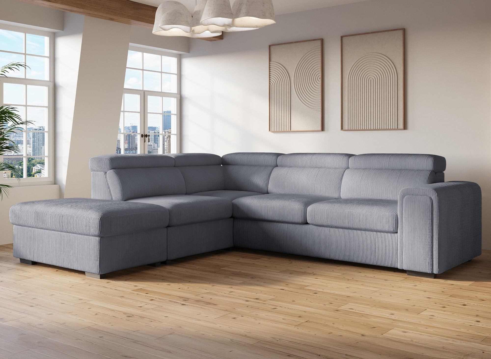 Sofá cama esquinero ZENOVA con almacenaje en pana gris gruesa - Esquina izquierda