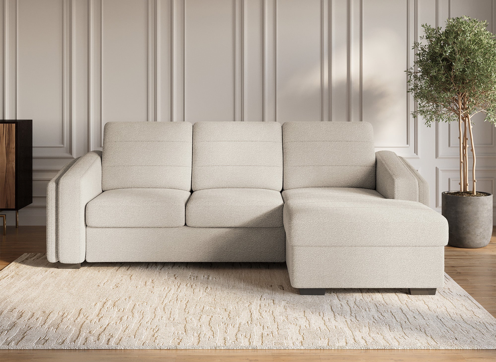 Sofá esquinero convertible CALANDRA con almacenaje en tela bouclé beige - Esquinero derecho