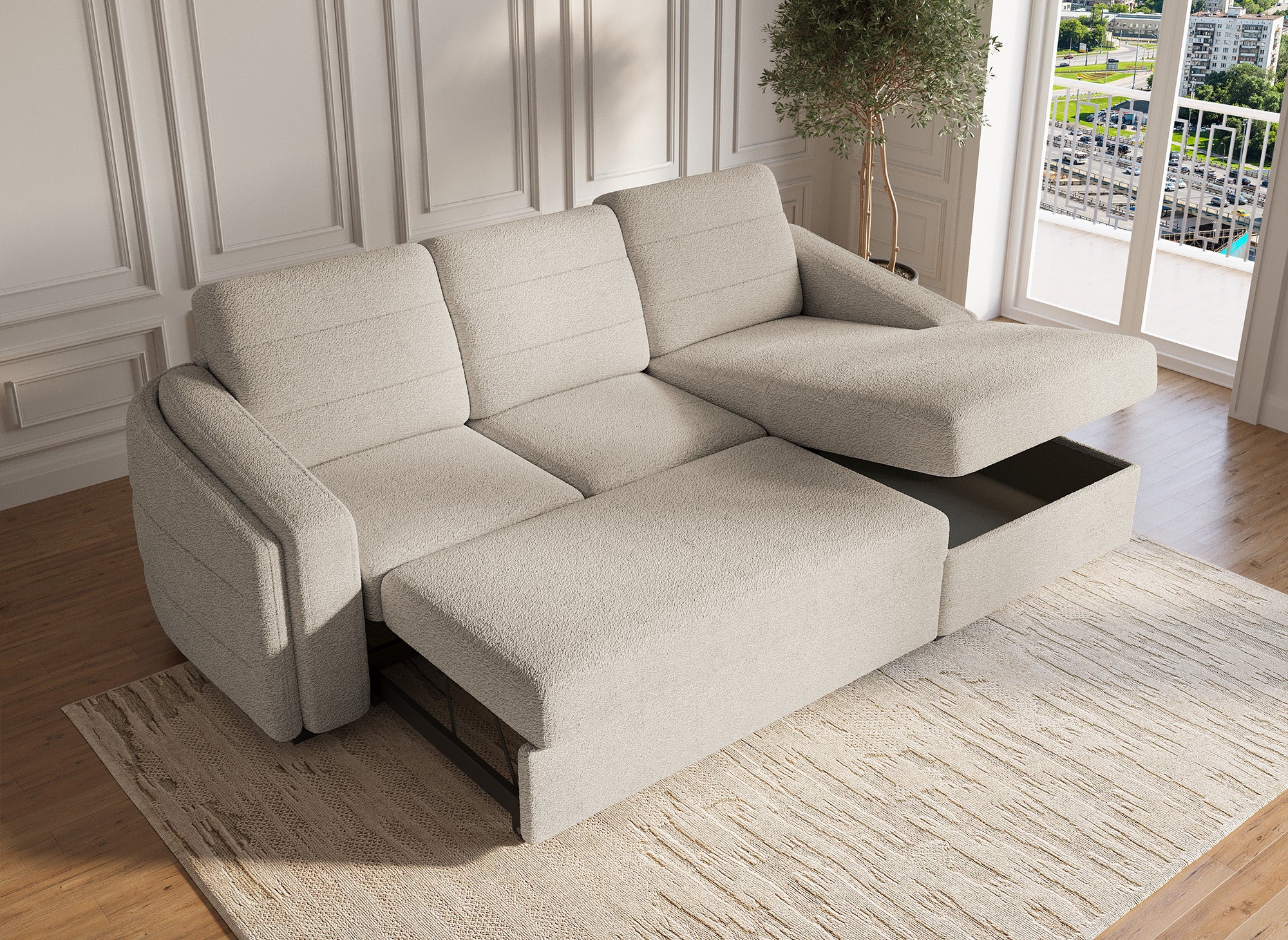 Sofá esquinero convertible CALANDRA con almacenaje en tela bouclé beige - Esquinero derecho