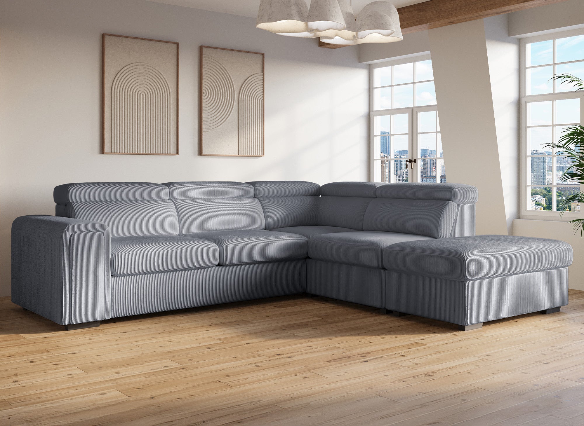 Sofá cama esquinero ZENOVA con almacenaje en pana gris gruesa - Esquina derecha