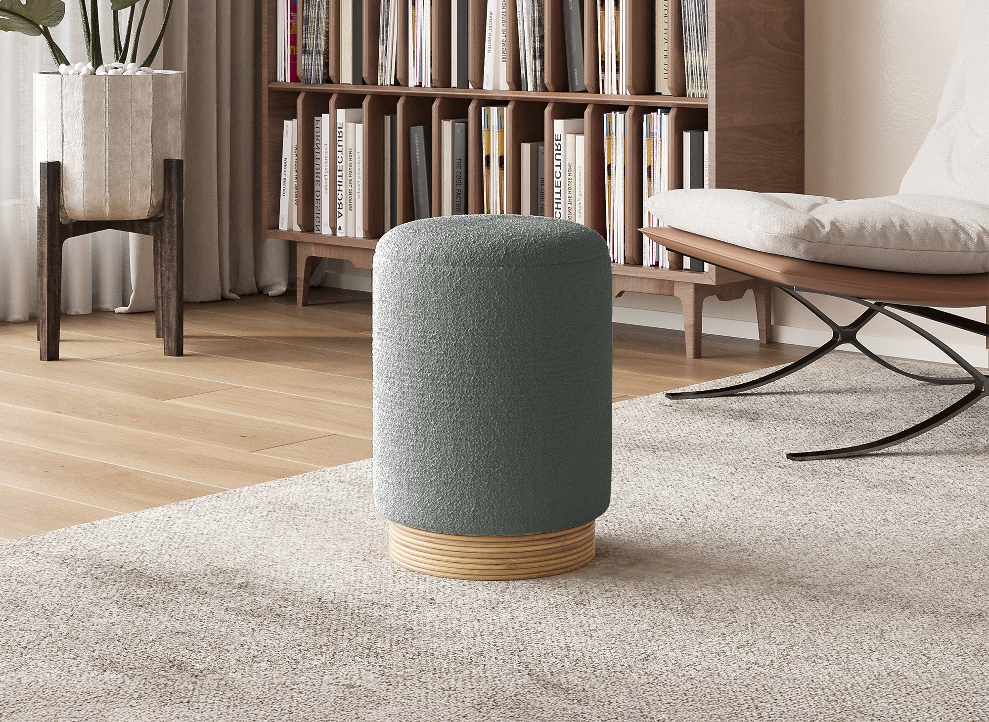 Puf y madera de tela con efecto piel de oveja gris TANY