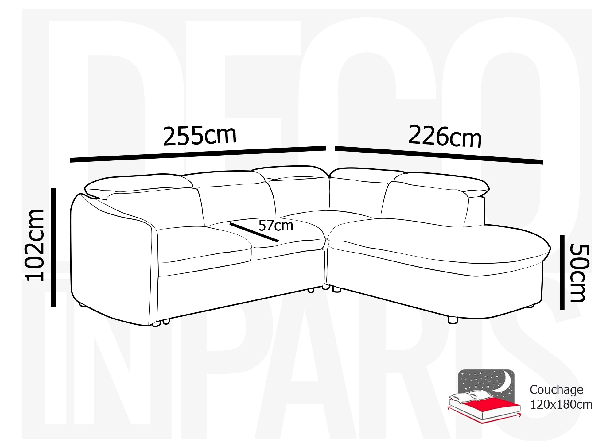 Sofá cama esquinero BAYA con compartimento de almacenaje en tejido bouclé gris - esquina derecha